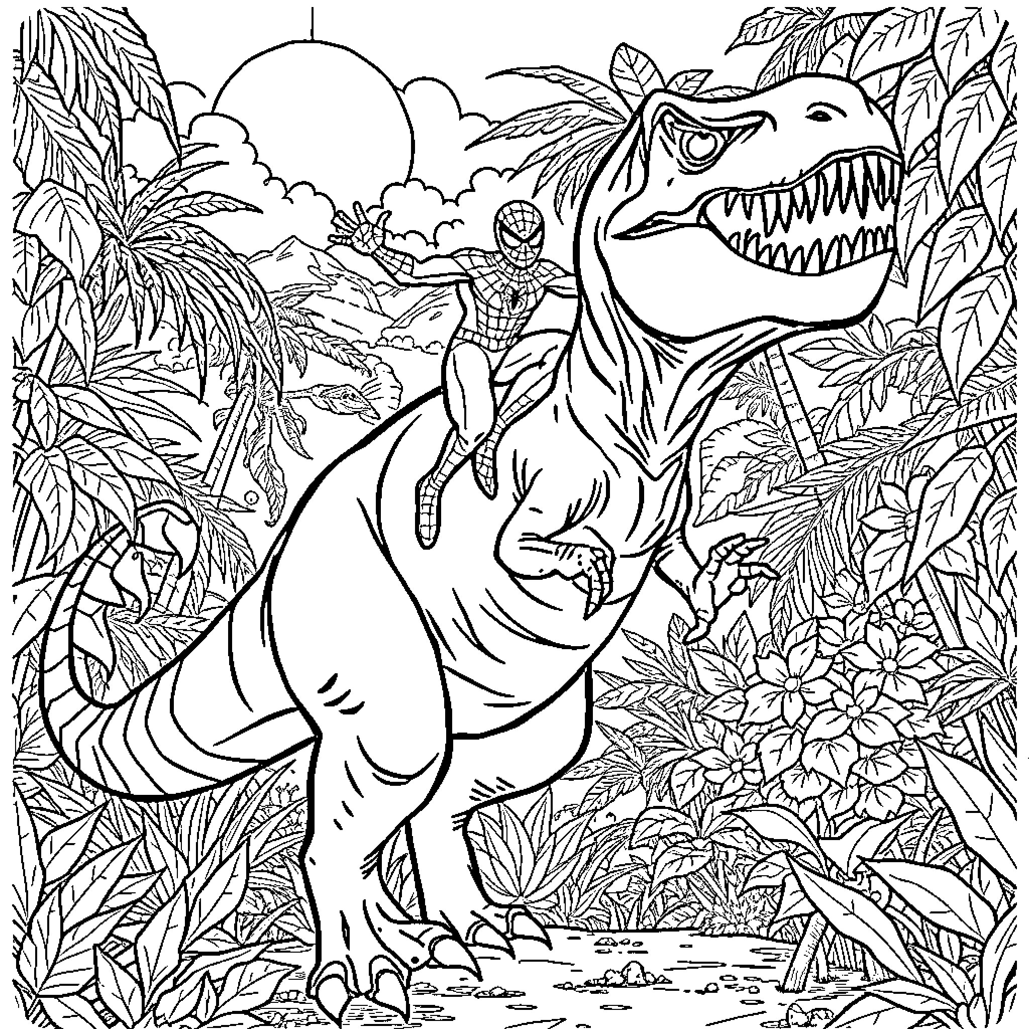 Spiderman encounters a ferocious dinosaur in the jungle Coloring Page (free black-and-white line drawing printable PDF for all, from beginners to advanced learners, including children, teens, adults, and seniors)