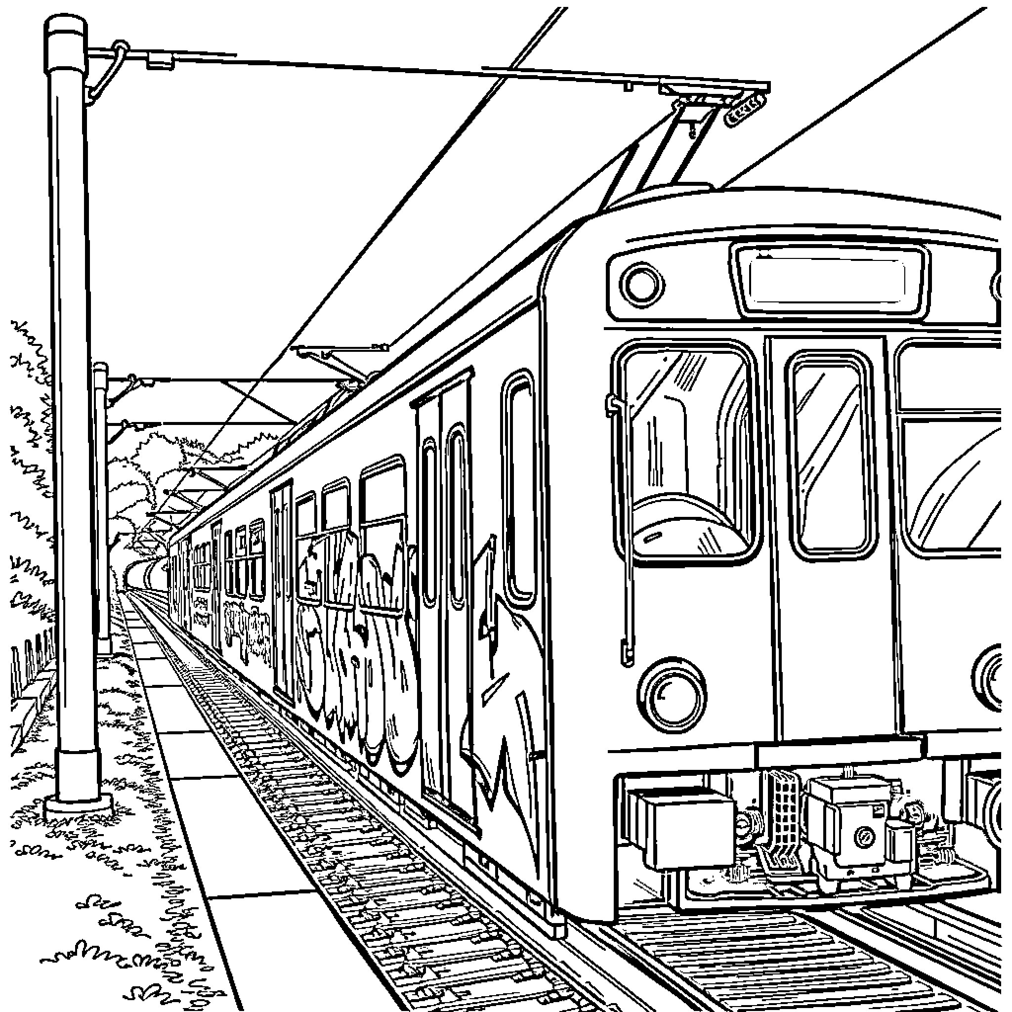 Graffiti Artist Sprays Vibrant Designs on Train Coloring Page (free black-and-white line drawing printable PDF for all, from beginners to advanced learners, including children, teens, adults, and seniors)