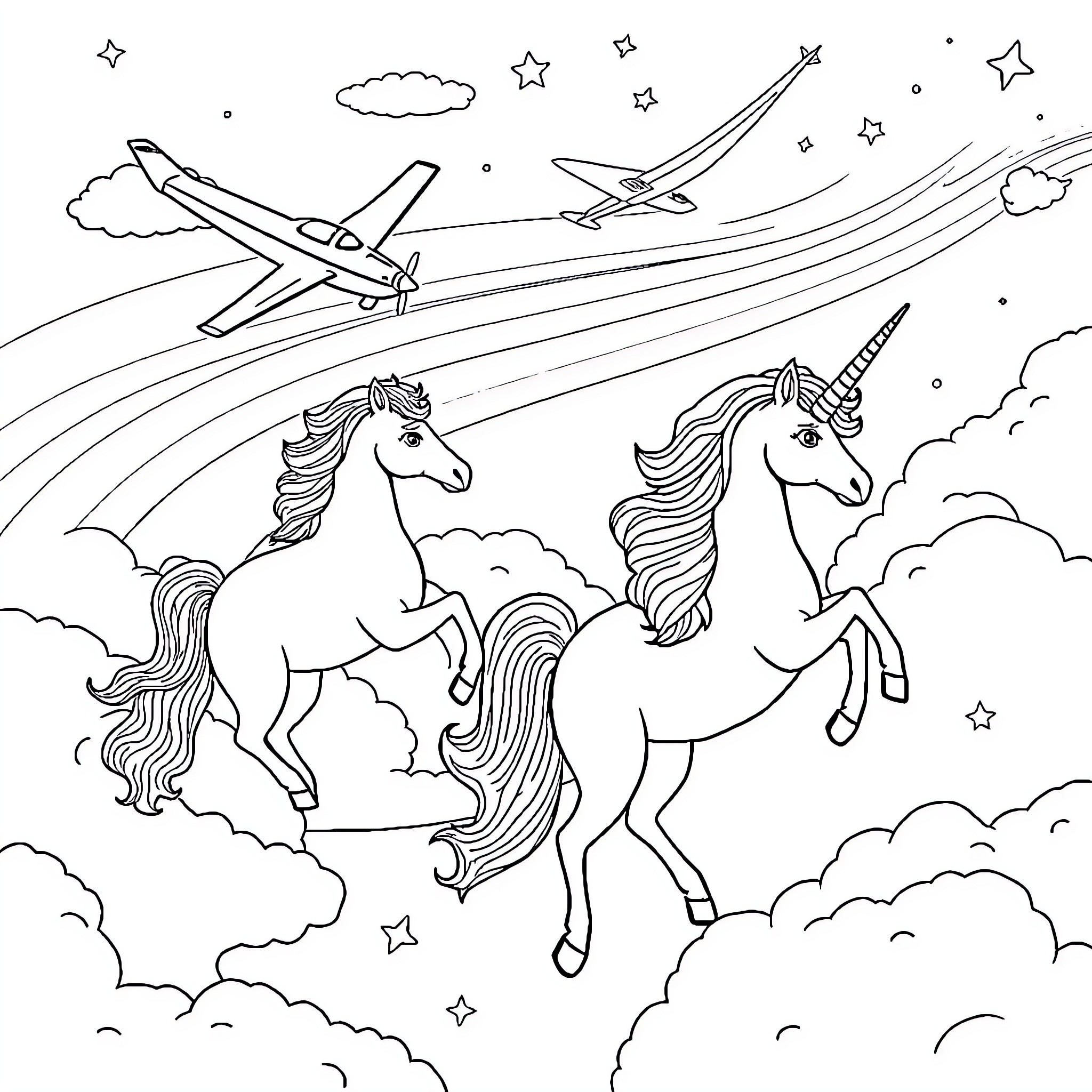 Airplanes soaring over enchanted unicorns in the clouds Coloring Page (free black-and-white line drawing printable PDF for all, from beginners to advanced learners, including children, teens, adults, and seniors)