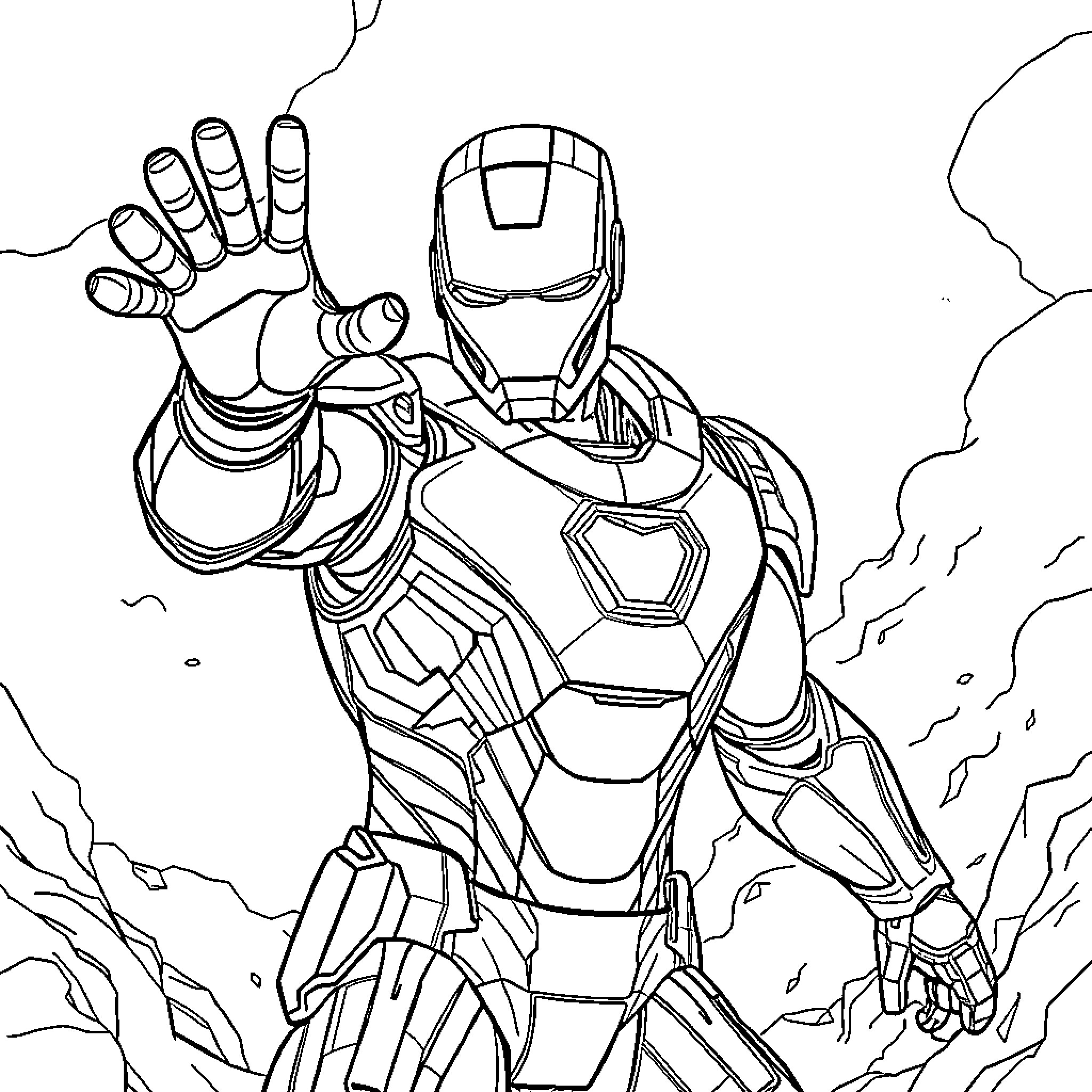 Iron Man in Action Pose Coloring Page (free black-and-white line drawing printable PDF for all, from beginners to advanced learners, including children, teens, adults, and seniors)