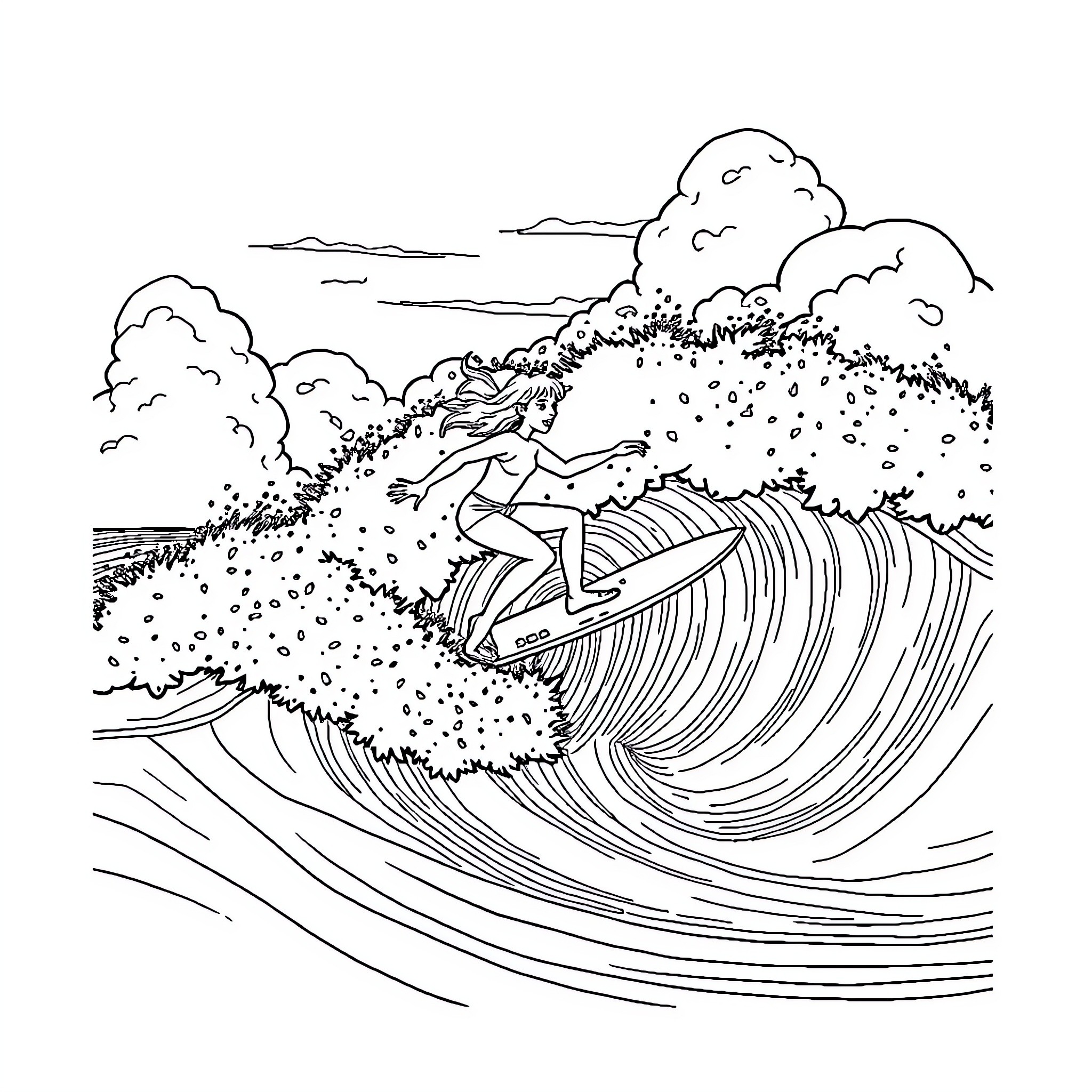 Surfing through powerful ocean waves Coloring Page (free black-and-white line drawing printable PDF for all, from beginners to advanced learners, including children, teens, adults, and seniors)