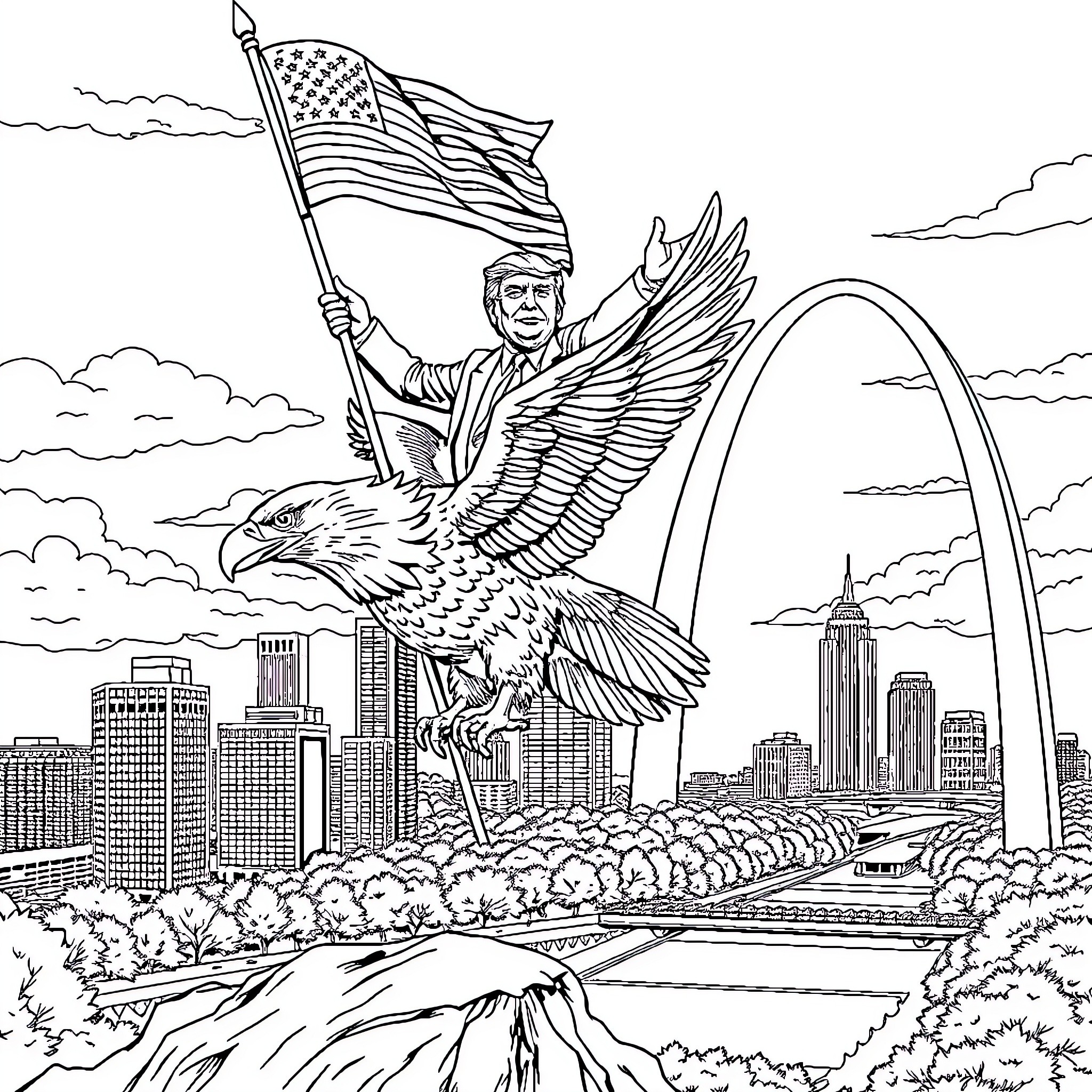 Donald Trump riding a majestic eagle over St. Louis skyline Coloring Page (free black-and-white line drawing printable PDF for all, from beginners to advanced learners, including children, teens, adults, and seniors)