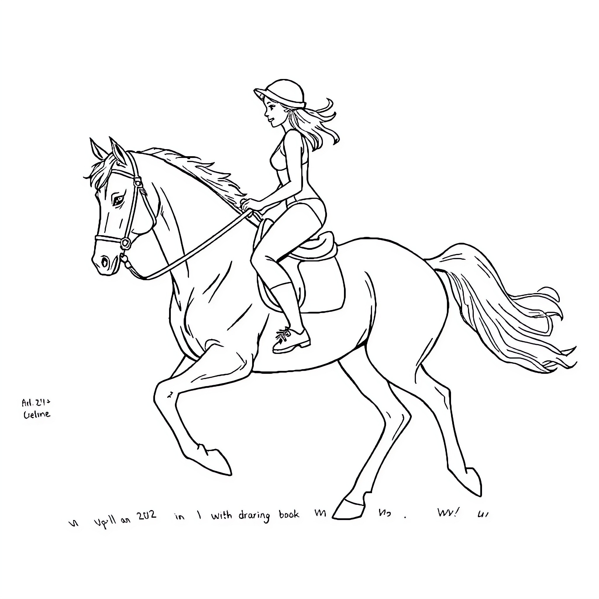 Wednesday Riding Joyfully on Horseback Coloring Page (free black-and-white line drawing printable PDF for all, from beginners to advanced learners, including children, teens, adults, and seniors)