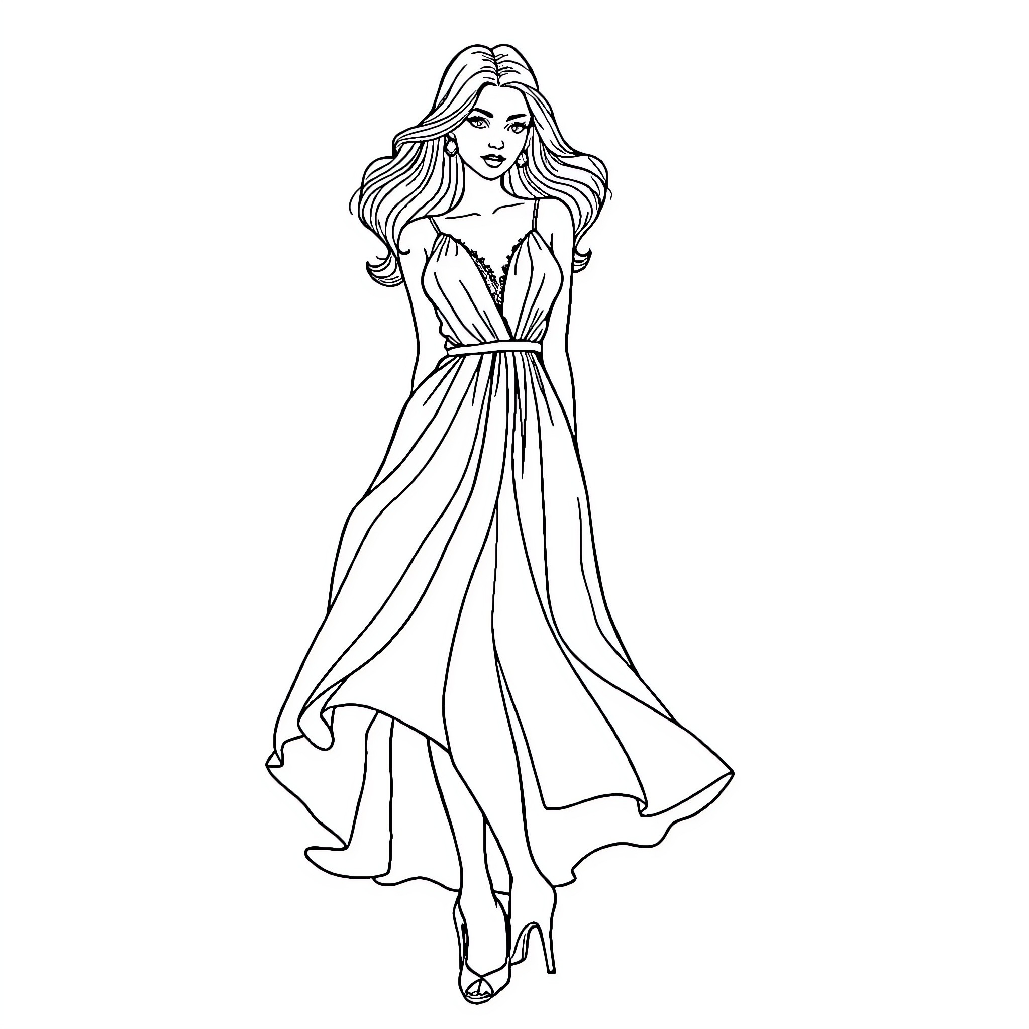 Lady in Elegant Flowing Dress Coloring Page (free black-and-white line drawing printable PDF for all, from beginners to advanced learners, including children, teens, adults, and seniors)