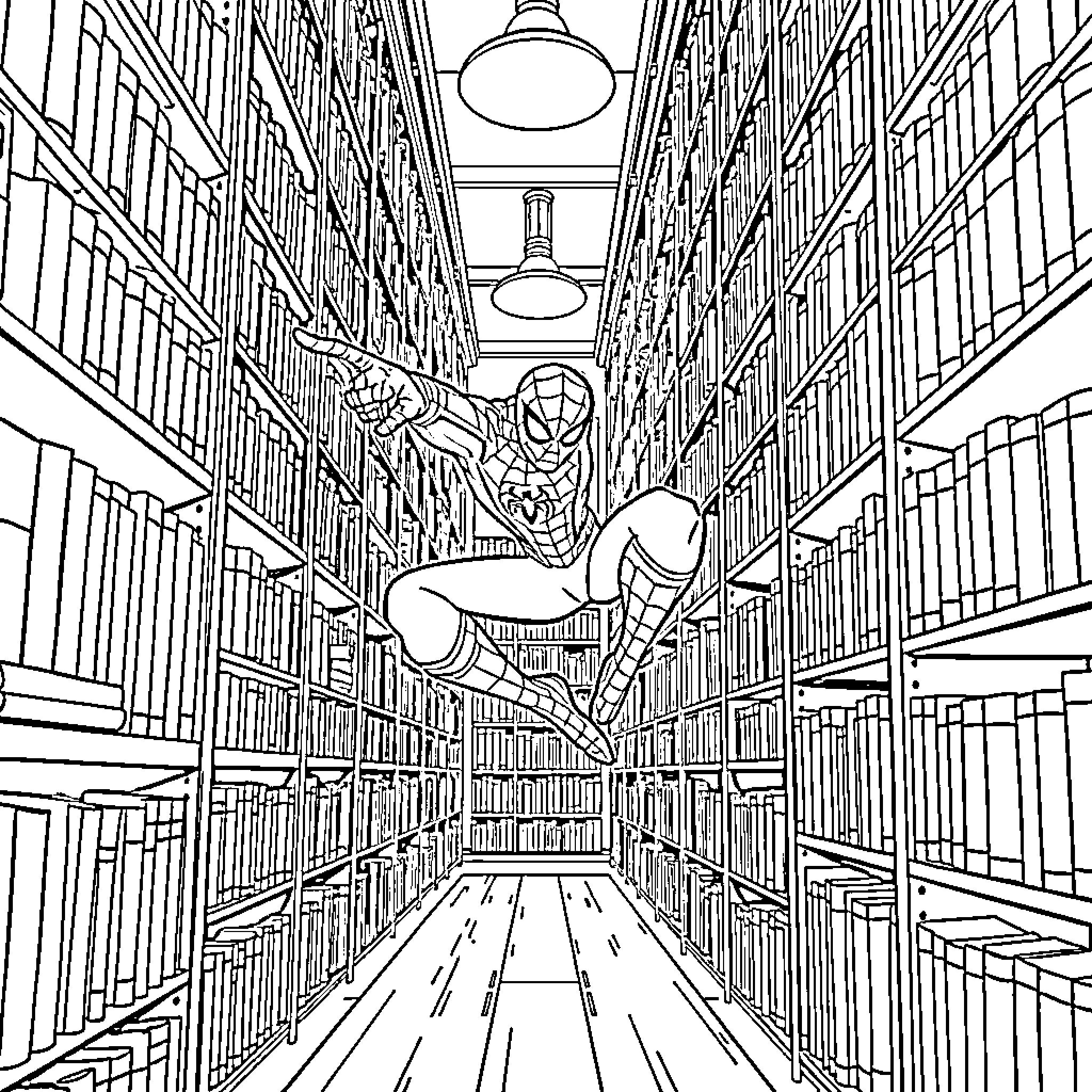 Spiderman swinging through a library Coloring Page (free black-and-white line drawing printable PDF for all, from beginners to advanced learners, including children, teens, adults, and seniors)
