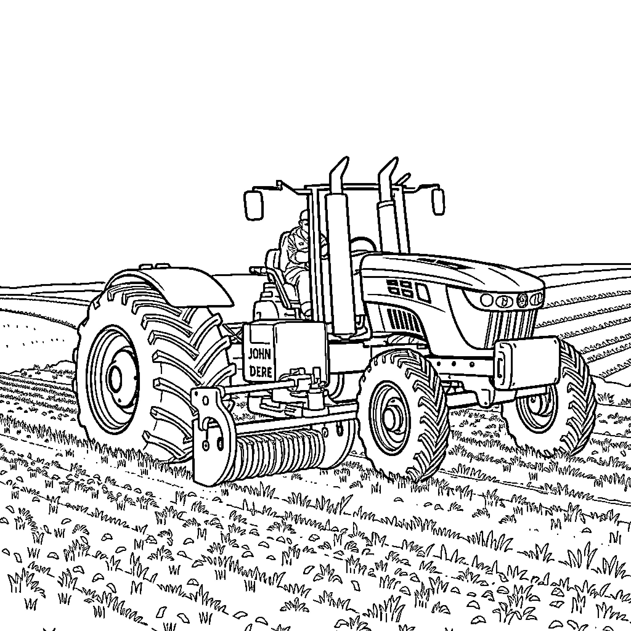 Tractor Plowing Through Grassy Field Coloring Page (free black-and-white line drawing printable PDF for all, from beginners to advanced learners, including children, teens, adults, and seniors)