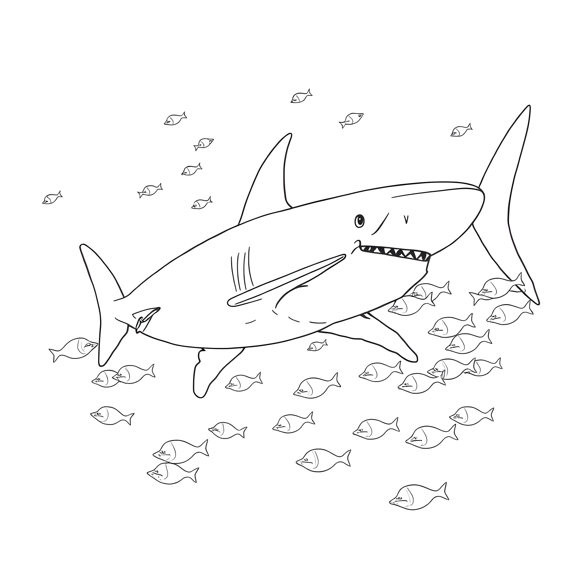 Great White Shark hunting small fish in the ocean Coloring Page (free black-and-white line drawing printable PDF for all, from beginners to advanced learners, including children, teens, adults, and seniors)