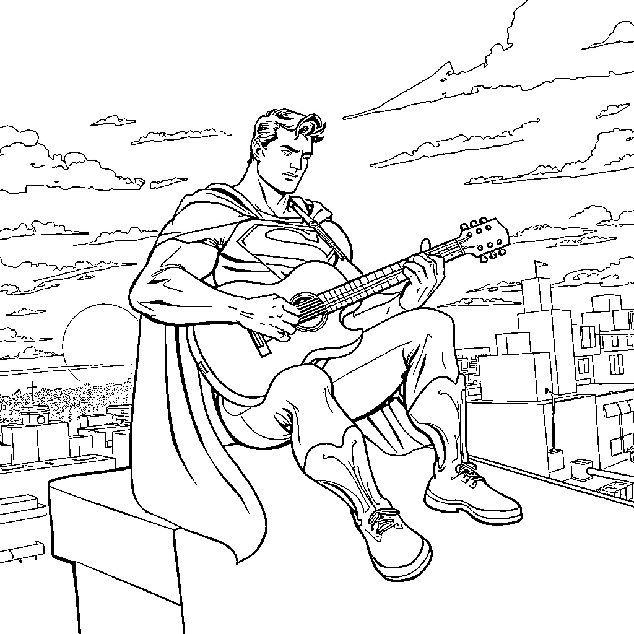 Superman playing guitar overlooking the city Coloring Page (free black-and-white line drawing printable PDF for all, from beginners to advanced learners, including children, teens, adults, and seniors)