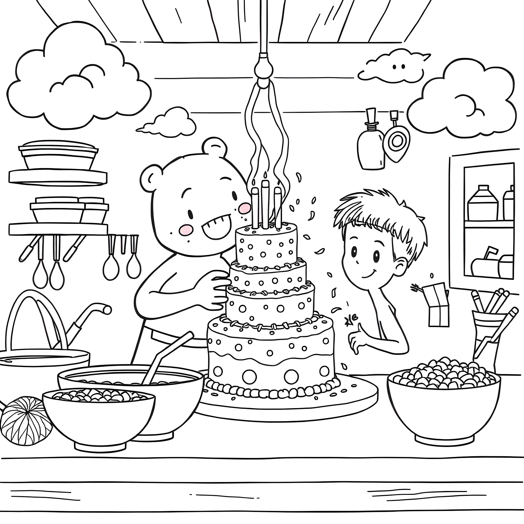 Böbo's Birthday Party Celebration Coloring Page (free black-and-white line drawing printable PDF for all, from beginners to advanced learners, including children, teens, adults, and seniors)