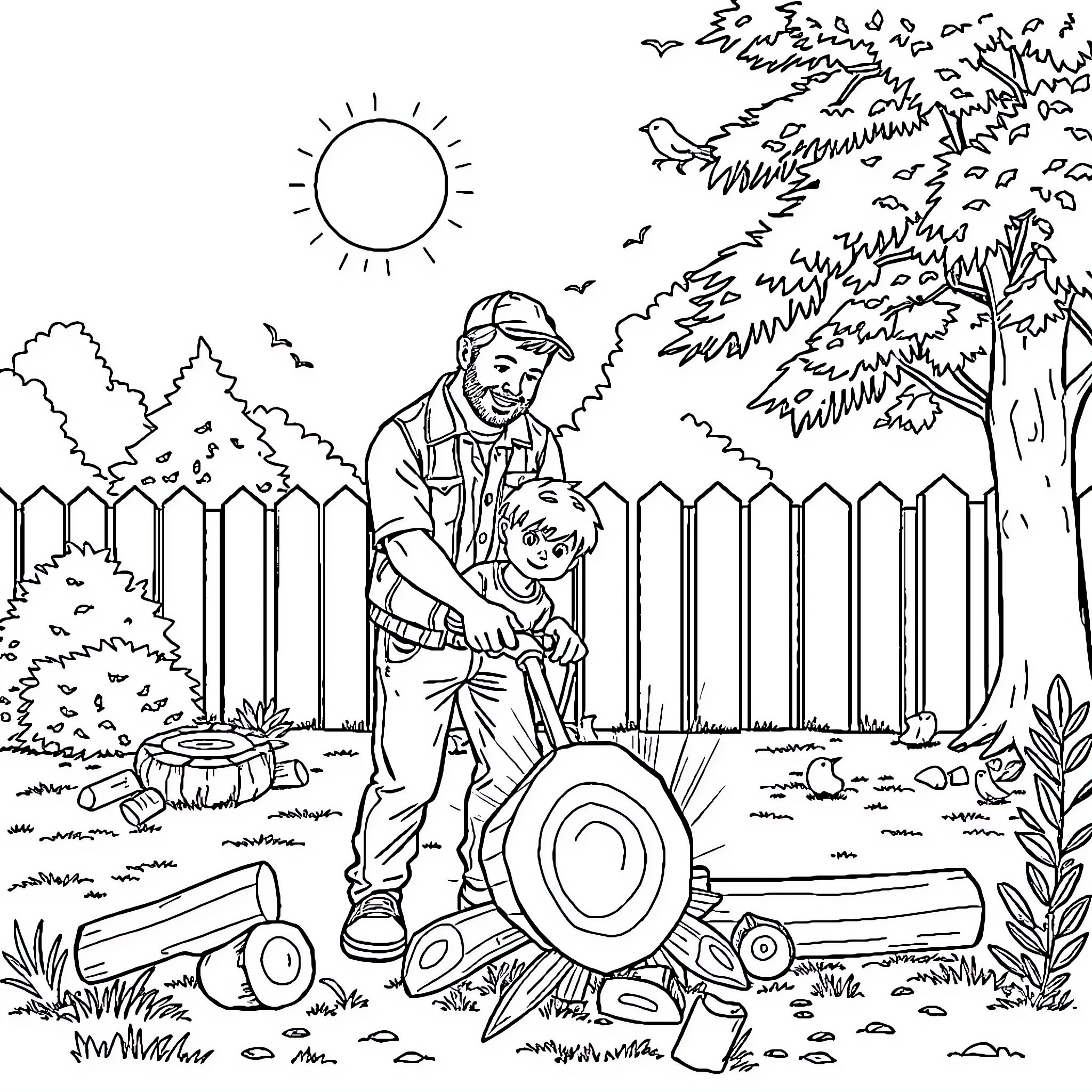 Dad and child working together in the backyard Coloring Page (free black-and-white line drawing printable PDF for all, from beginners to advanced learners, including children, teens, adults, and seniors)