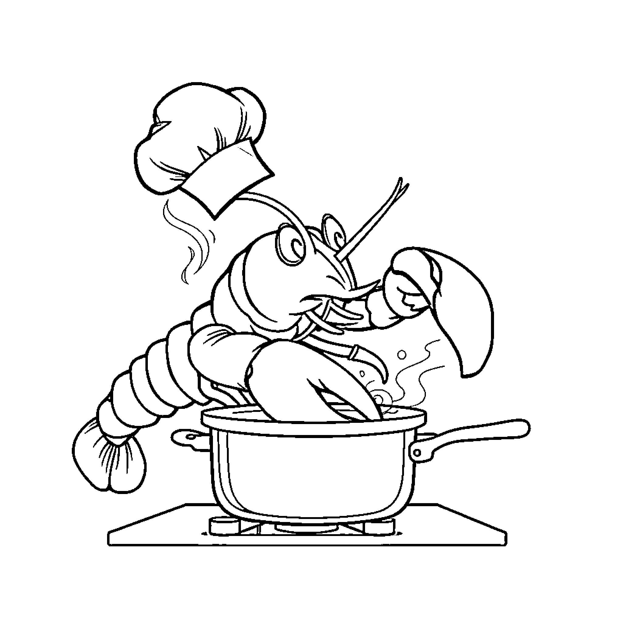 Lobster chef cooking in the kitchen Coloring Page (free black-and-white line drawing printable PDF for all, from beginners to advanced learners, including children, teens, adults, and seniors)