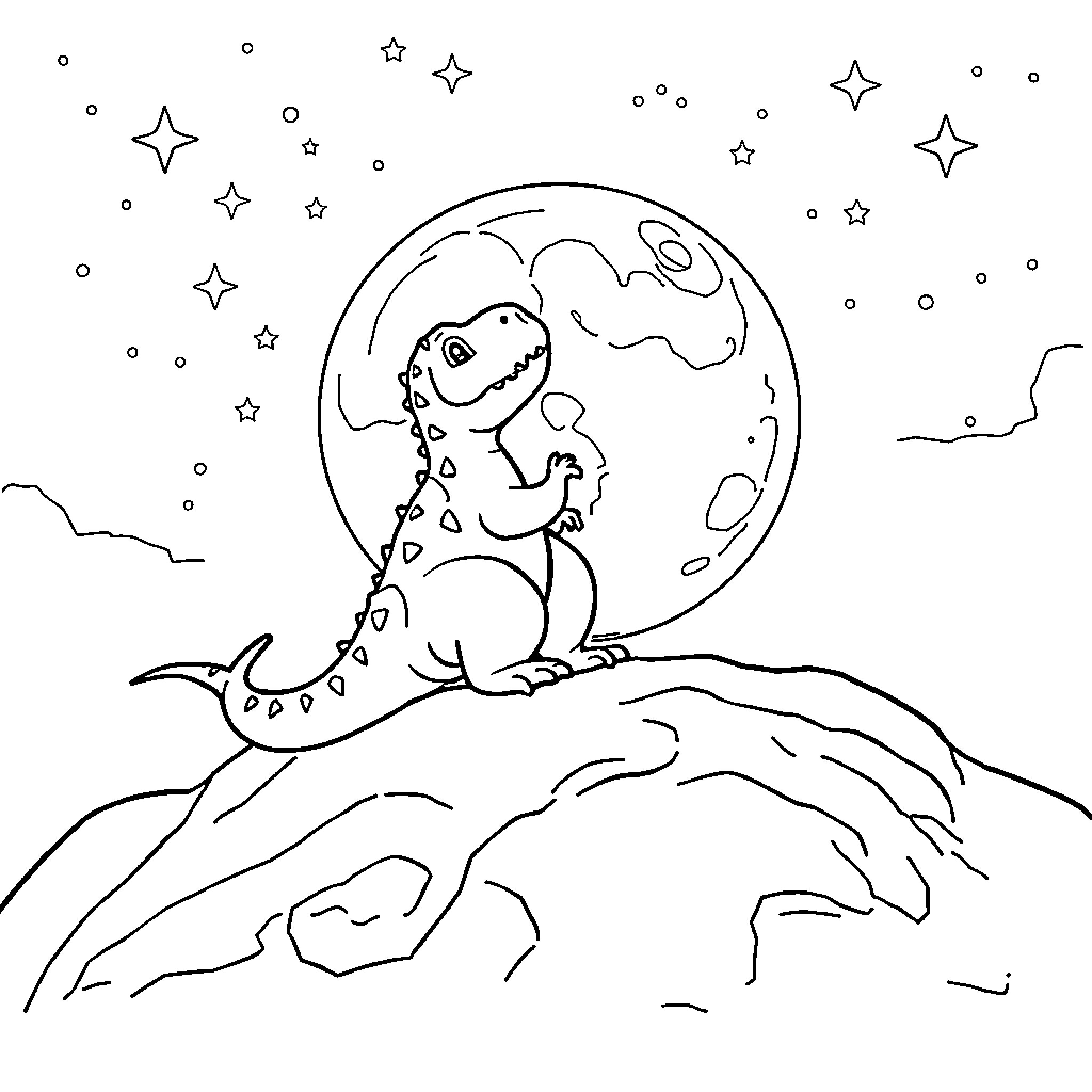 Dinosaur sitting on a rock looking at the moon Coloring Page (free black-and-white line drawing printable PDF for all, from beginners to advanced learners, including children, teens, adults, and seniors)