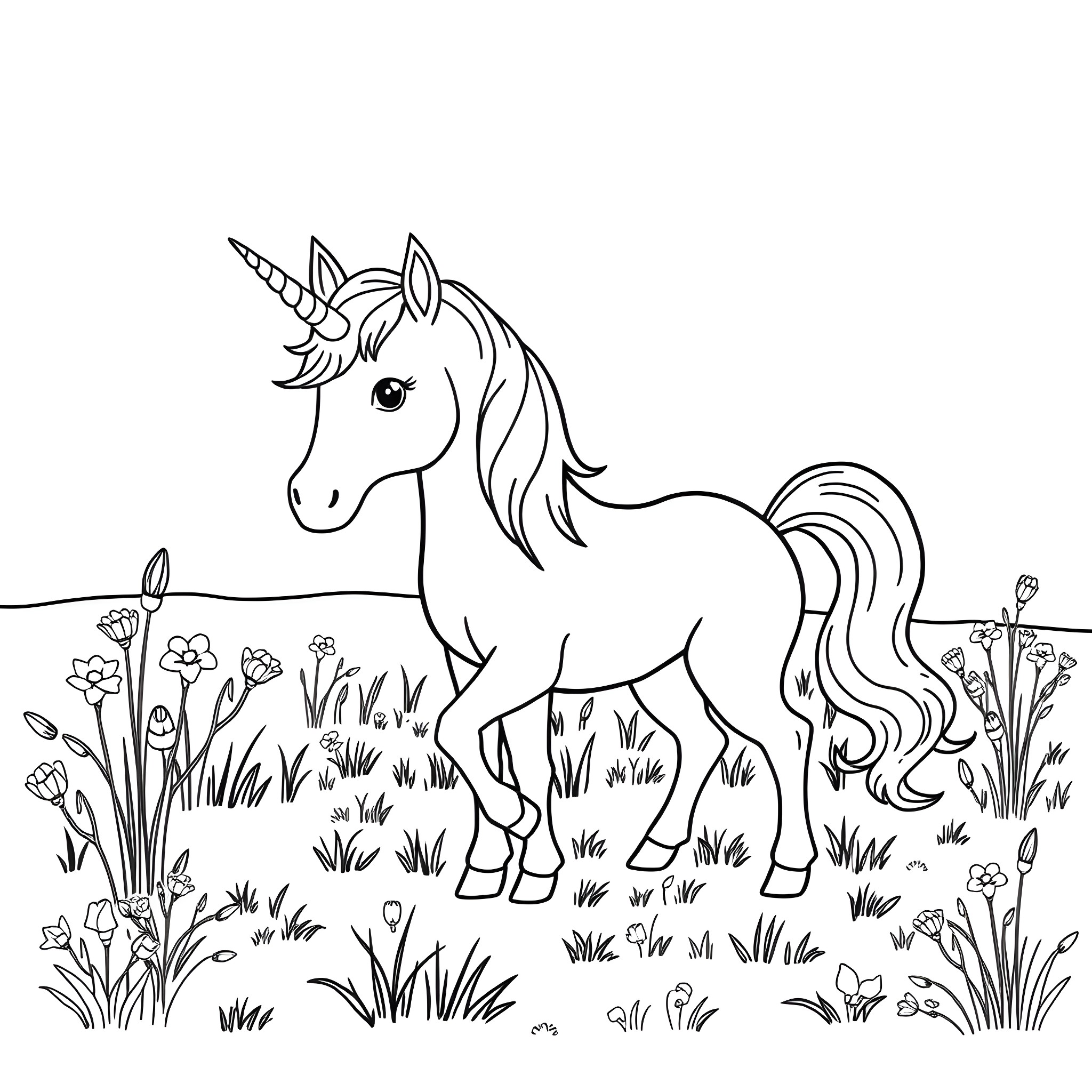 Unicorn standing in a field of flowers Coloring Page (free black-and-white line drawing printable PDF for all, from beginners to advanced learners, including children, teens, adults, and seniors)