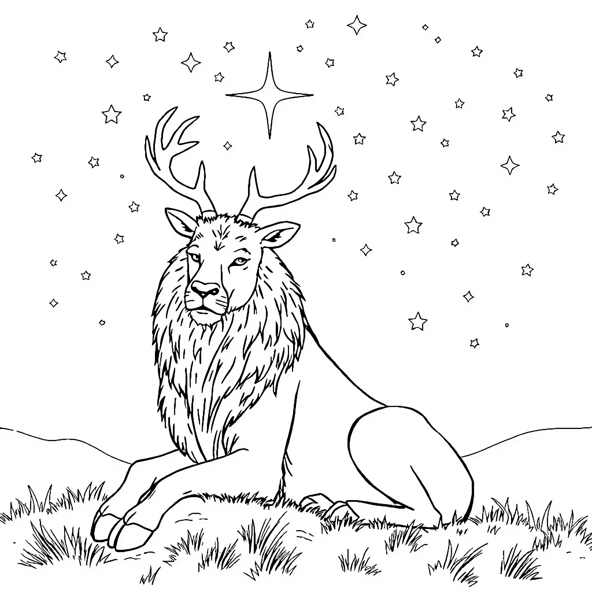 Lion under the starry night sky Coloring Page (free black-and-white line drawing printable PDF for all, from beginners to advanced learners, including children, teens, adults, and seniors)