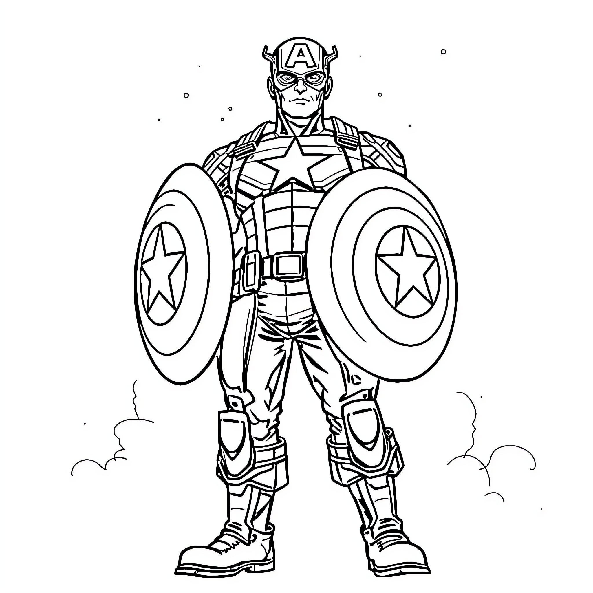 Captain America in action hero pose Coloring Page (free black-and-white line drawing printable PDF for all, from beginners to advanced learners, including children, teens, adults, and seniors)