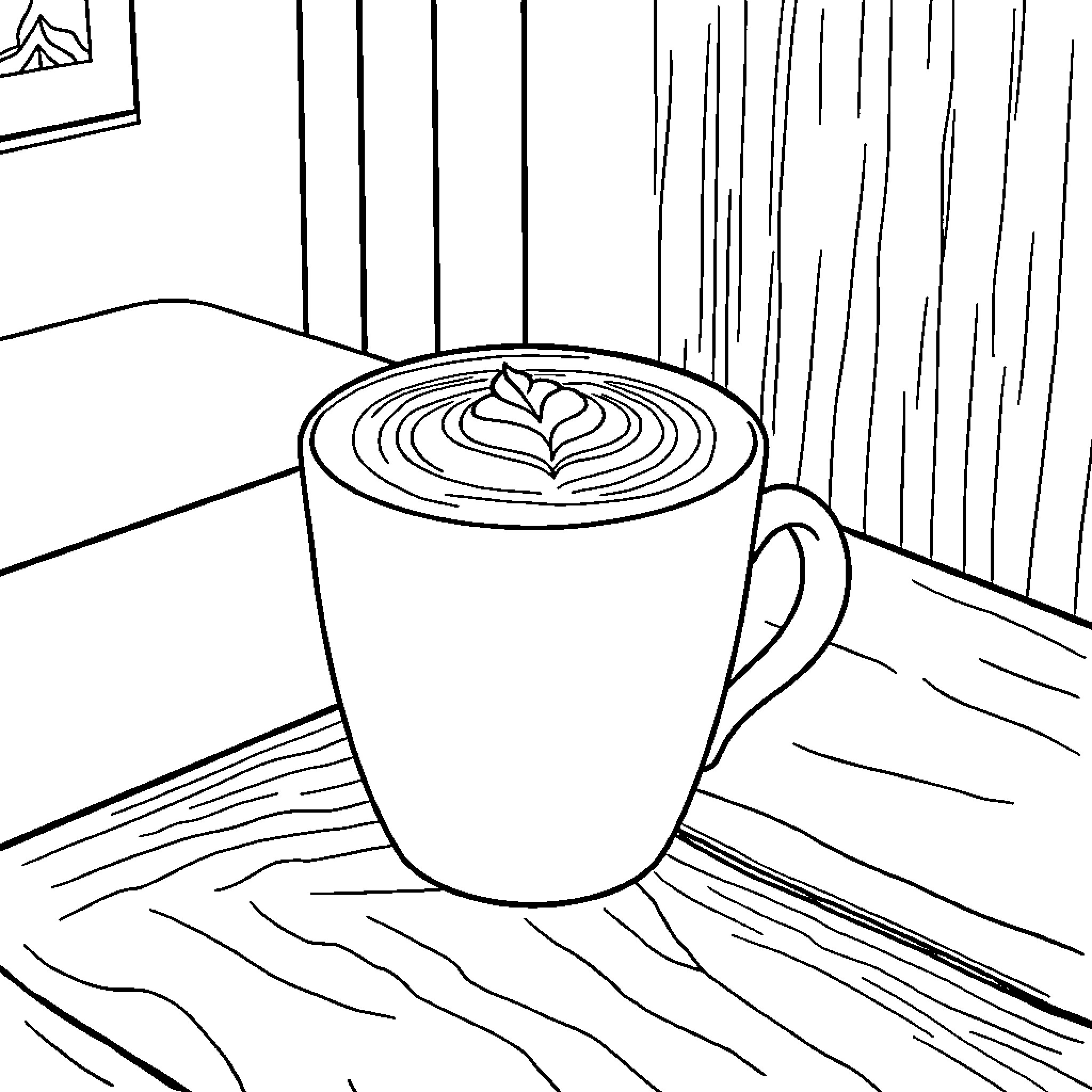 Coffee Cup with Latte Art in Cozy Indoor Setting Coloring Page (free black-and-white line drawing printable PDF for all, from beginners to advanced learners, including children, teens, adults, and seniors)