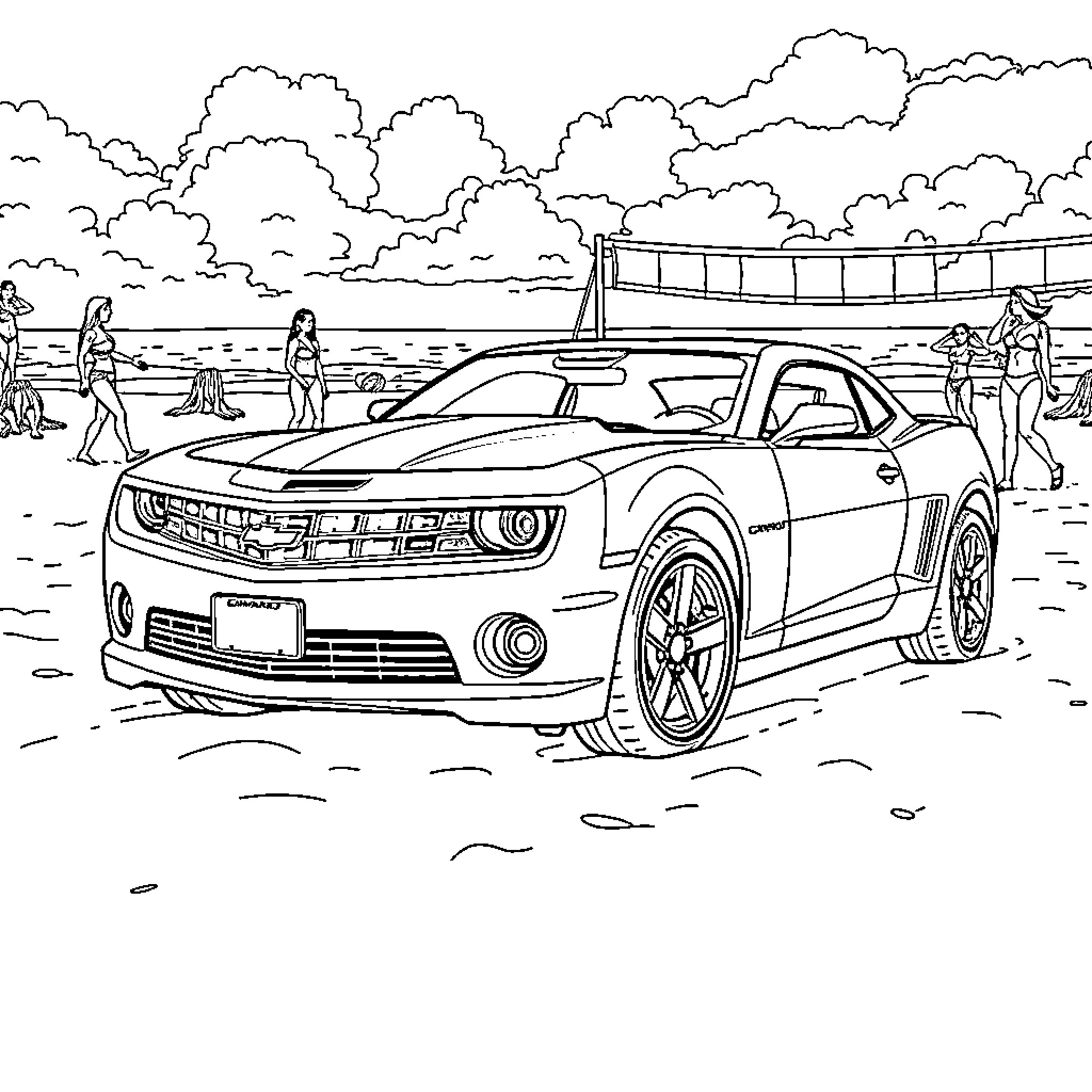 Bumblebee sports car on the beach Coloring Page (free black-and-white line drawing printable PDF for all, from beginners to advanced learners, including children, teens, adults, and seniors)
