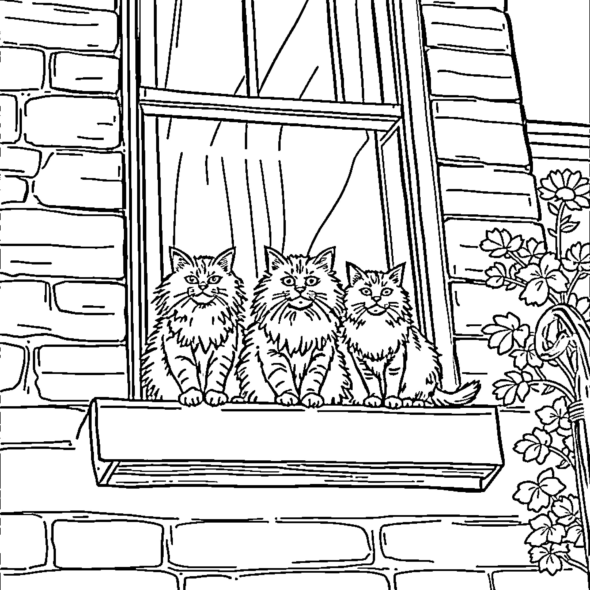 Cats Sitting on a Window Sill Coloring Page (free black-and-white line drawing printable PDF for all, from beginners to advanced learners, including children, teens, adults, and seniors)