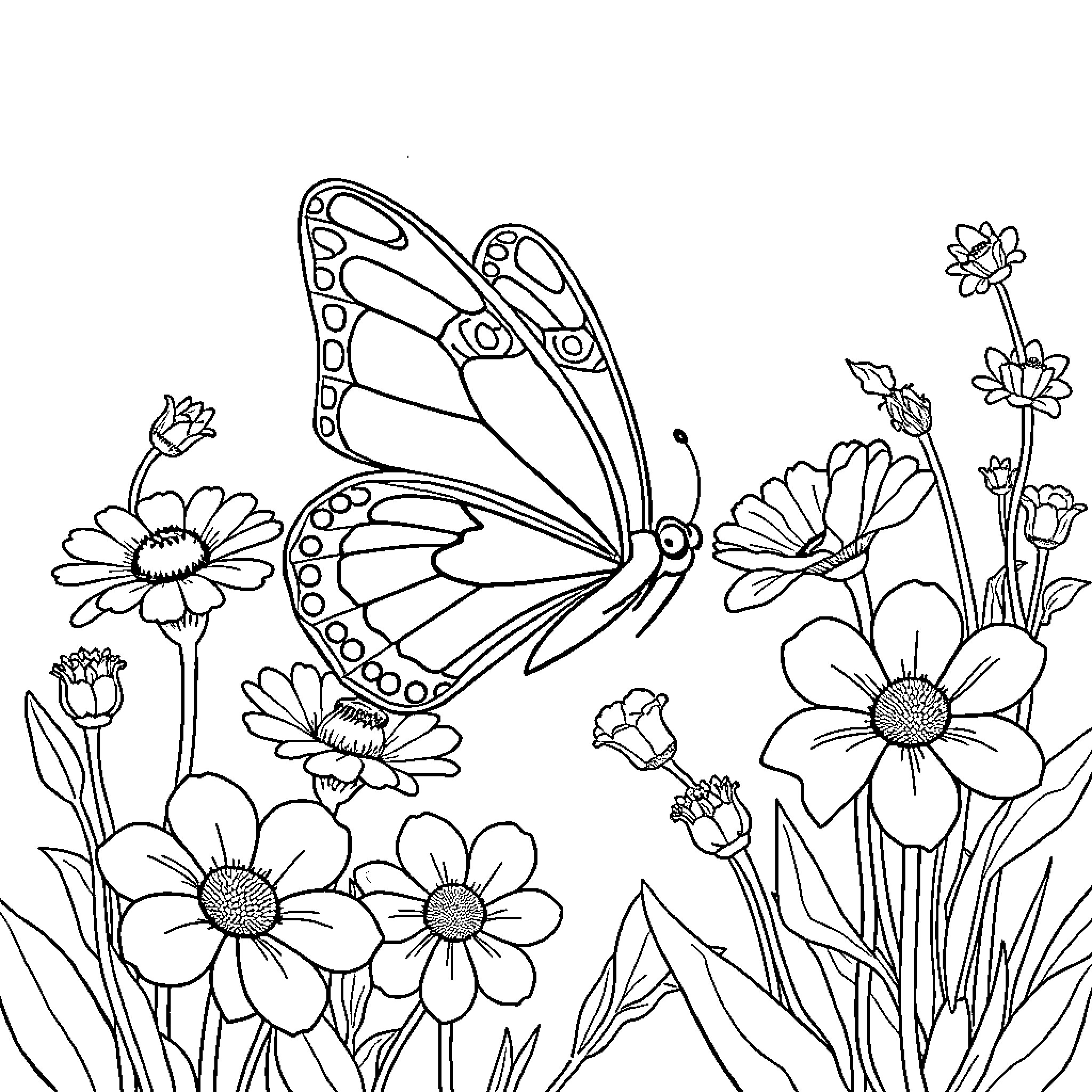 Butterfly hovering among vibrant flowers Coloring Page (free black-and-white line drawing printable PDF for all, from beginners to advanced learners, including children, teens, adults, and seniors)