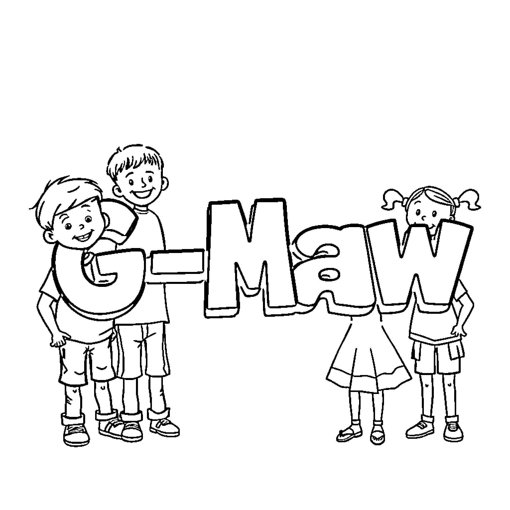 Children Forming the Word 'G-maw' Coloring Page (free black-and-white line drawing printable PDF for all, from beginners to advanced learners, including children, teens, adults, and seniors)