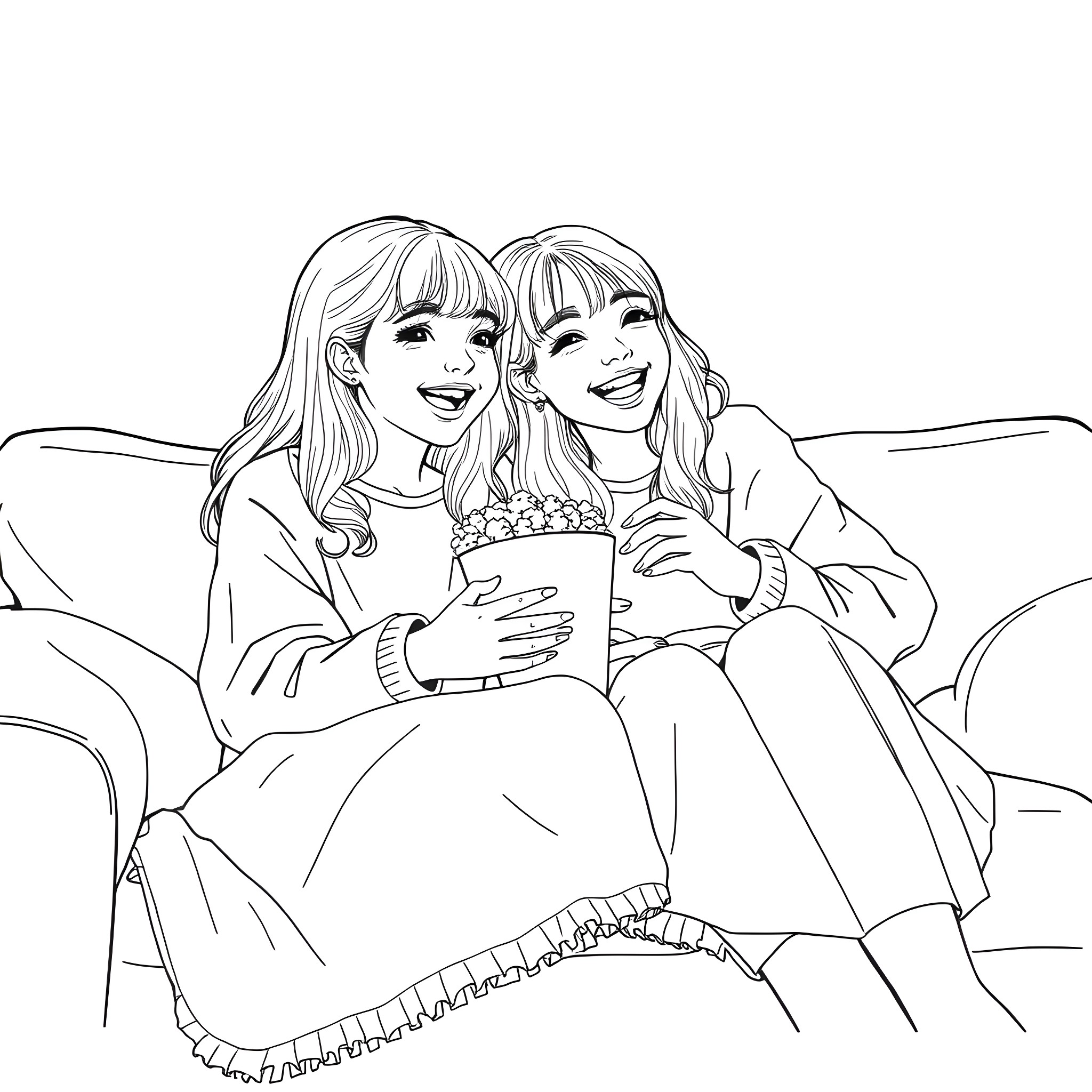 Girls enjoying popcorn together on the couch Coloring Page (free black-and-white line drawing printable PDF for all, from beginners to advanced learners, including children, teens, adults, and seniors)