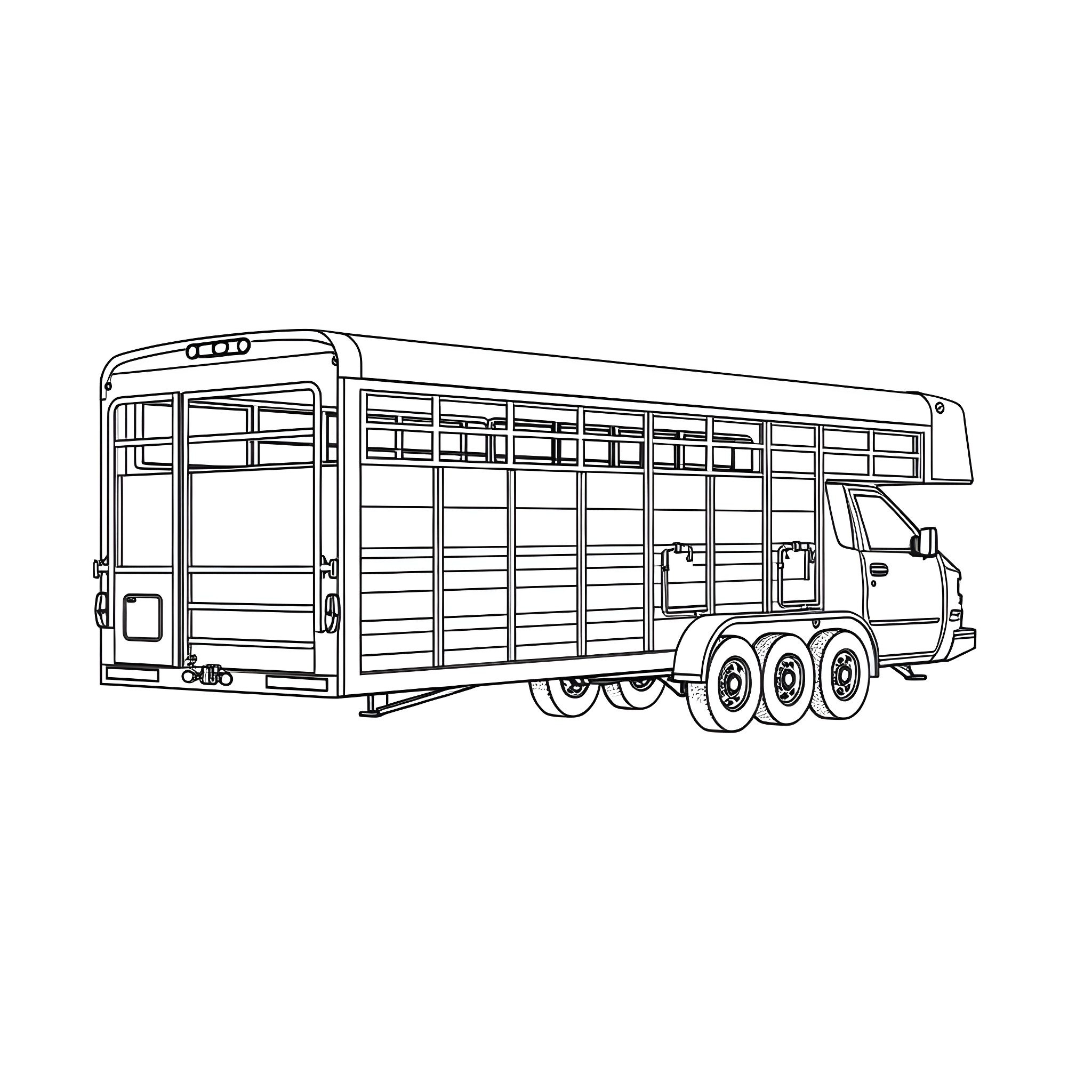 Gooseneck Trailer Transporting Livestock Coloring Page (free black-and-white line drawing printable PDF for all, from beginners to advanced learners, including children, teens, adults, and seniors)