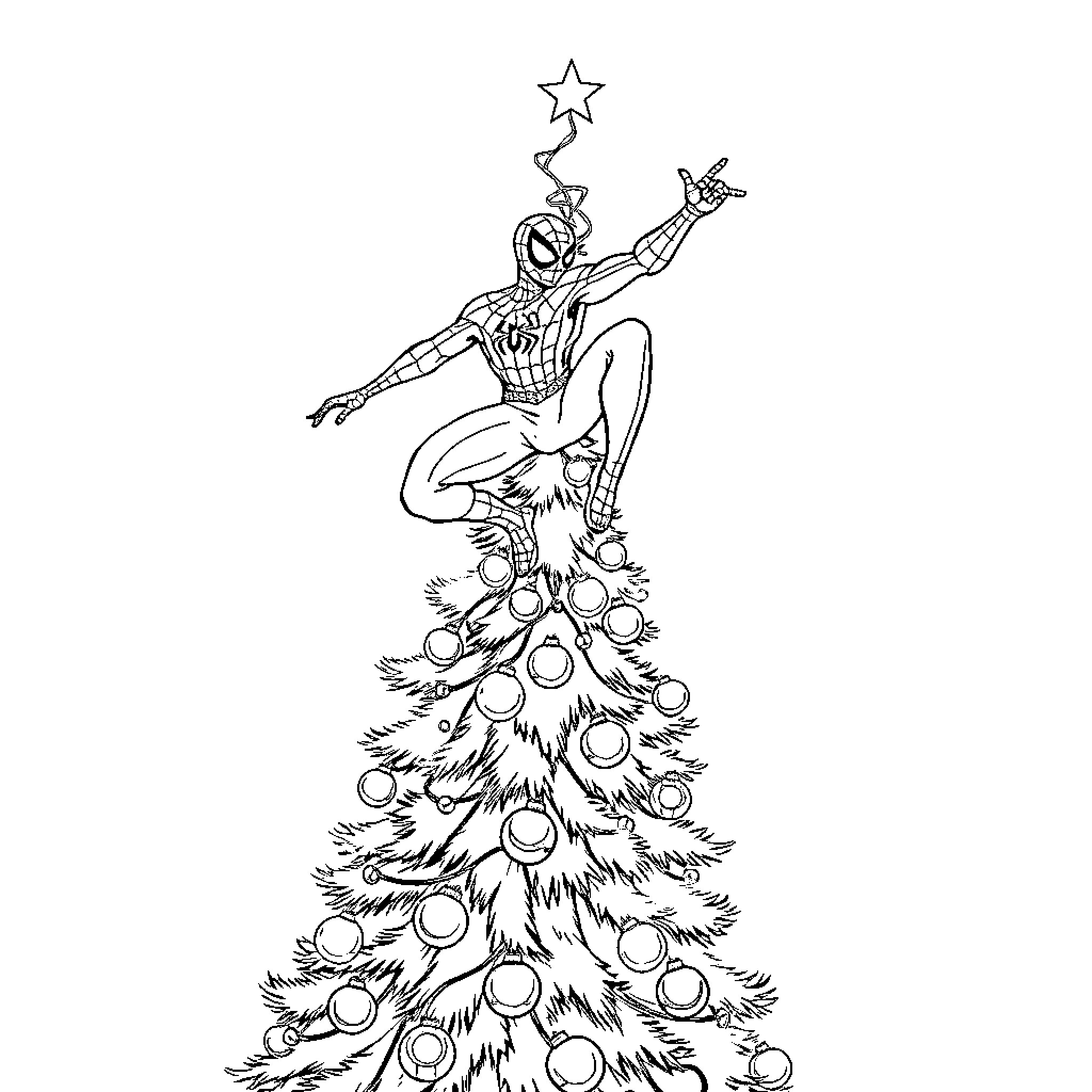Spiderman Decorating a Festive Tree Coloring Page (free black-and-white line drawing printable PDF for all, from beginners to advanced learners, including children, teens, adults, and seniors)