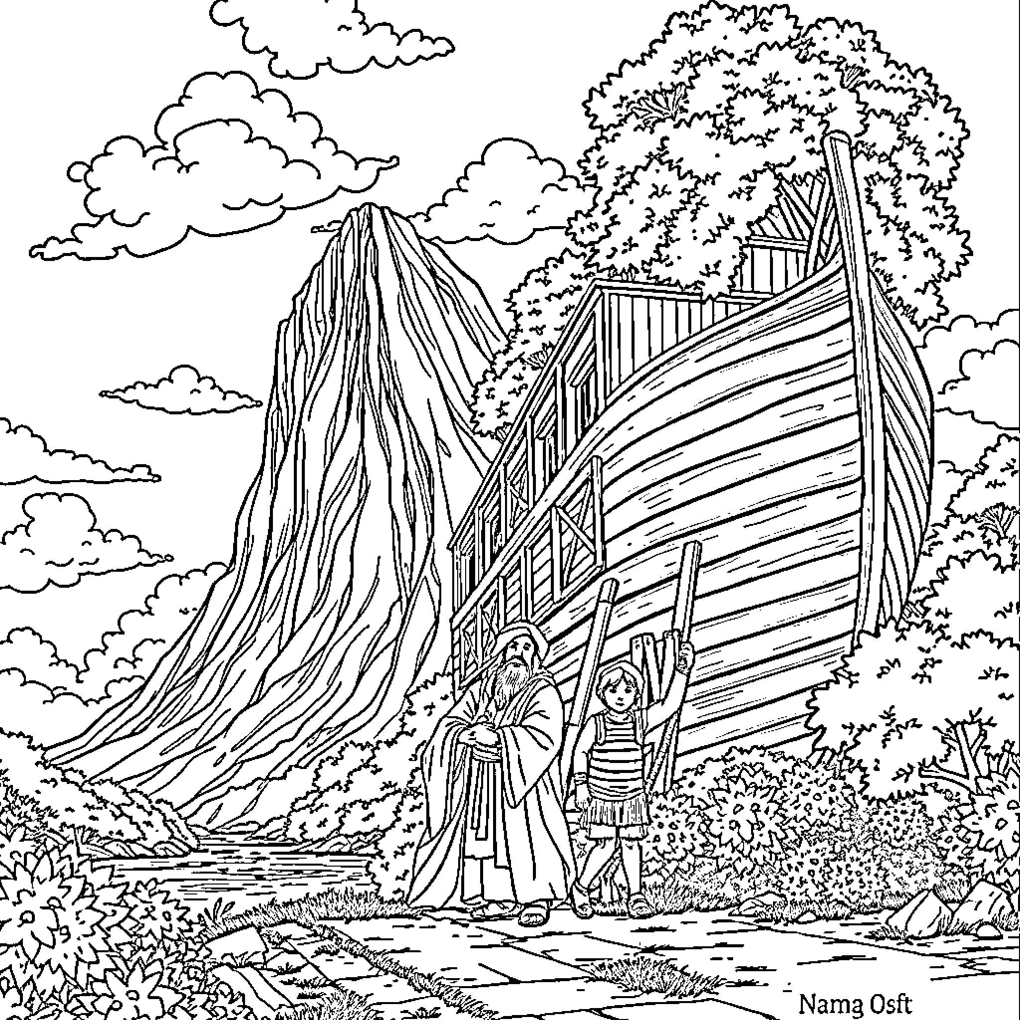 Noah's Ark Approaching the Shore Coloring Page (free black-and-white line drawing printable PDF for all, from beginners to advanced learners, including children, teens, adults, and seniors)