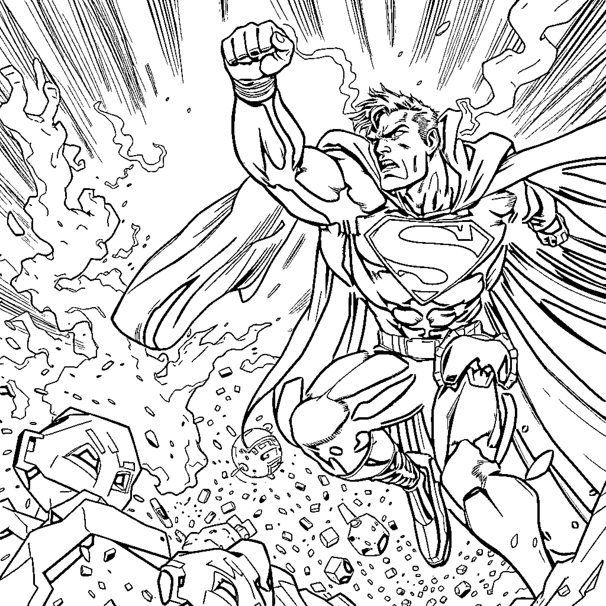 Man unleashing powerful energy in heroic pose Coloring Page (free black-and-white line drawing printable PDF for all, from beginners to advanced learners, including children, teens, adults, and seniors)