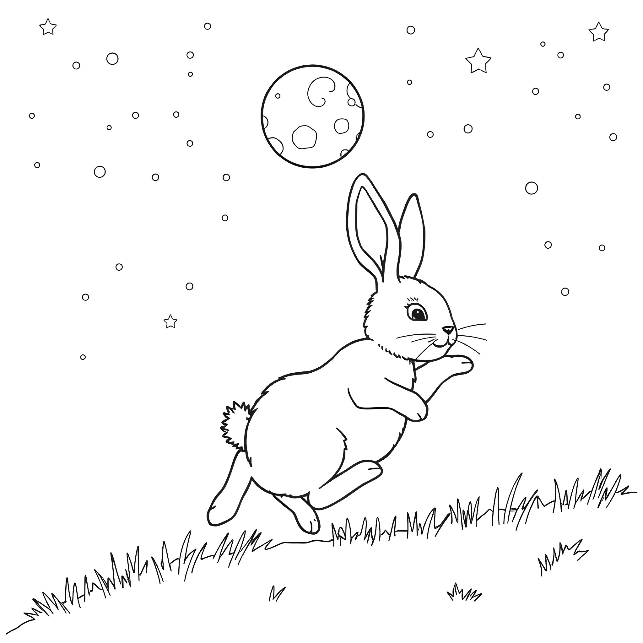 Rabbit hopping under the moonlight Coloring Page (free black-and-white line drawing printable PDF for all, from beginners to advanced learners, including children, teens, adults, and seniors)