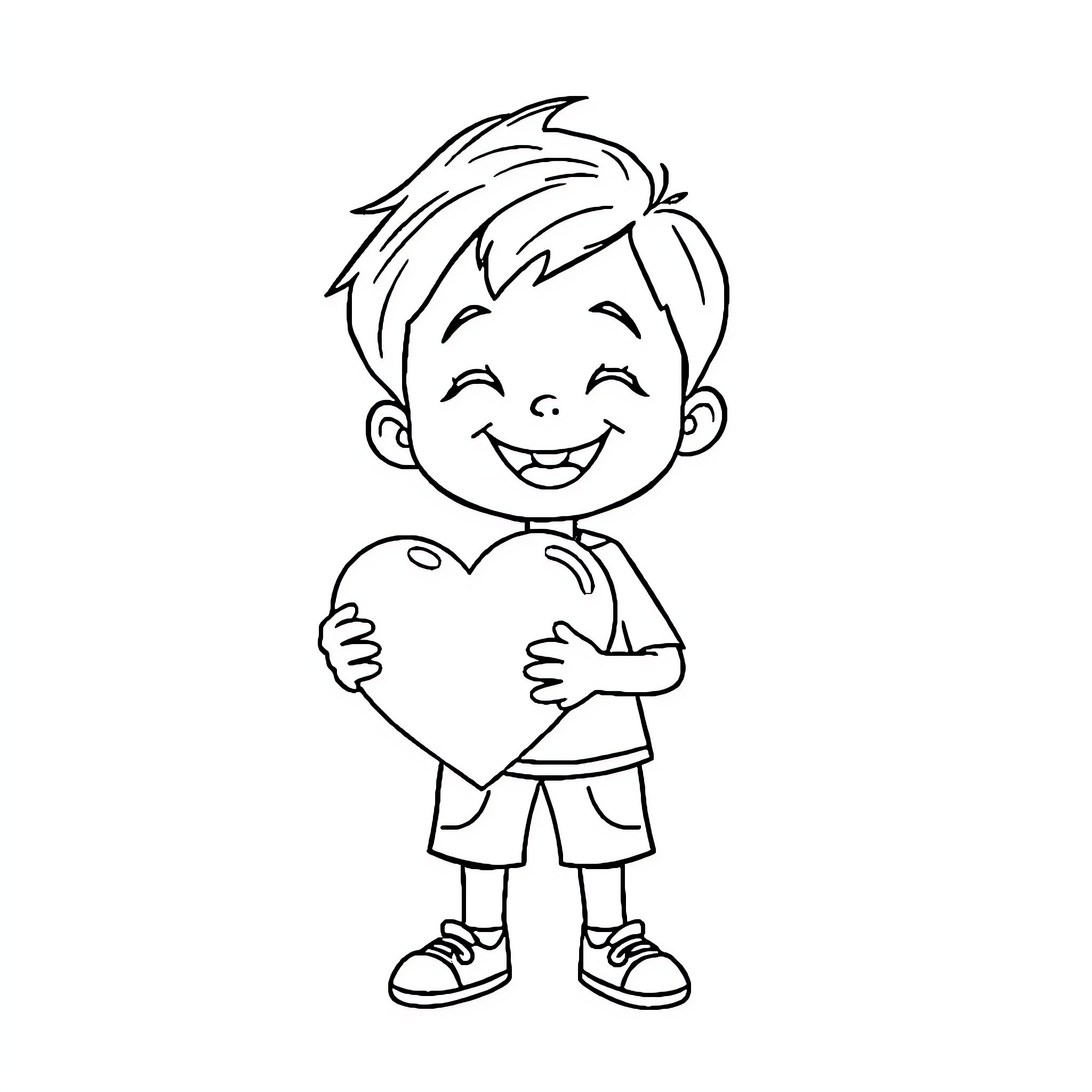 Heart held by a cheerful child Coloring Page (free black-and-white line drawing printable PDF for all, from beginners to advanced learners, including children, teens, adults, and seniors)