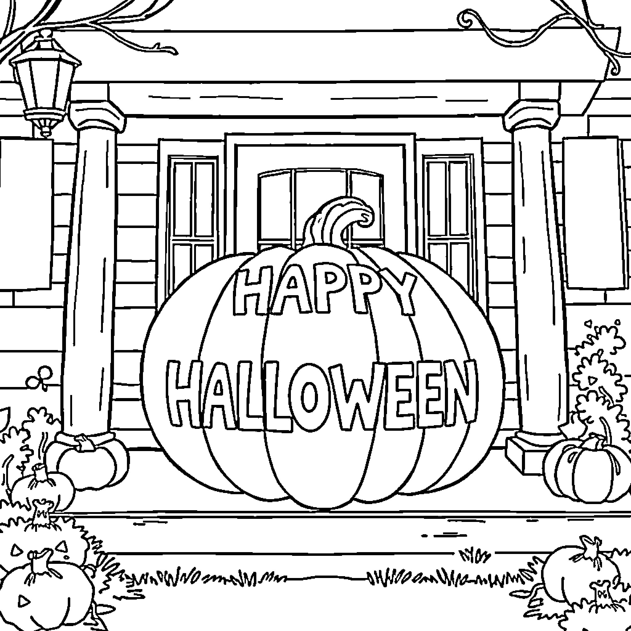 Pumpkin Decorations for a Happy Halloween Coloring Page (free black-and-white line drawing printable PDF for all, from beginners to advanced learners, including children, teens, adults, and seniors)