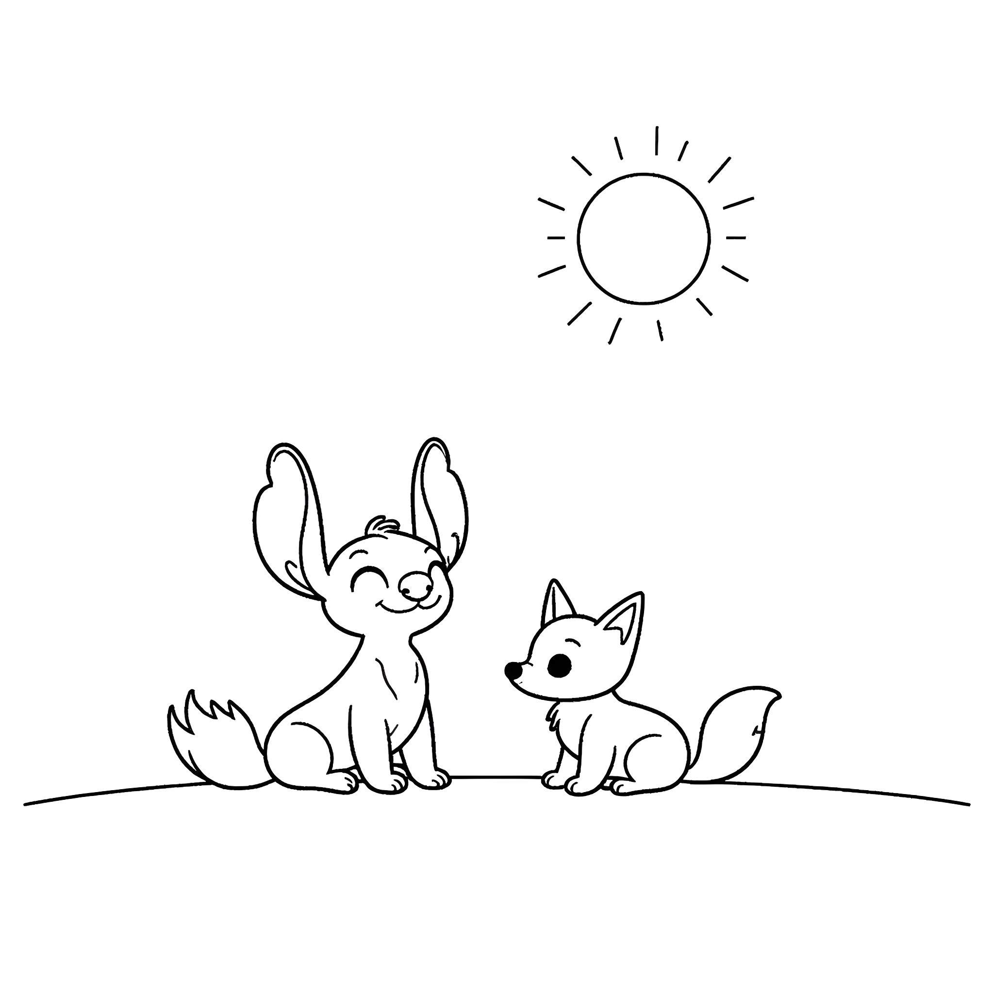 Stitch and Fox Playing in the Sunshine Coloring Page (free black-and-white line drawing printable PDF for all, from beginners to advanced learners, including children, teens, adults, and seniors)