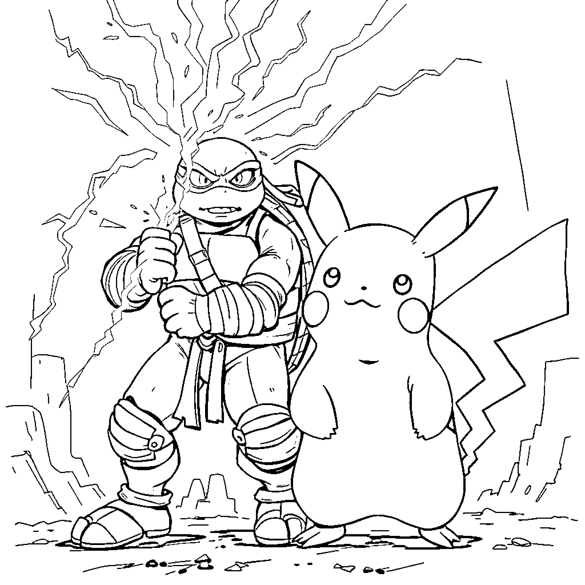 Donatello fights alongside Pikachu in a heroic scene Coloring Page (free black-and-white line drawing printable PDF for all, from beginners to advanced learners, including children, teens, adults, and seniors)