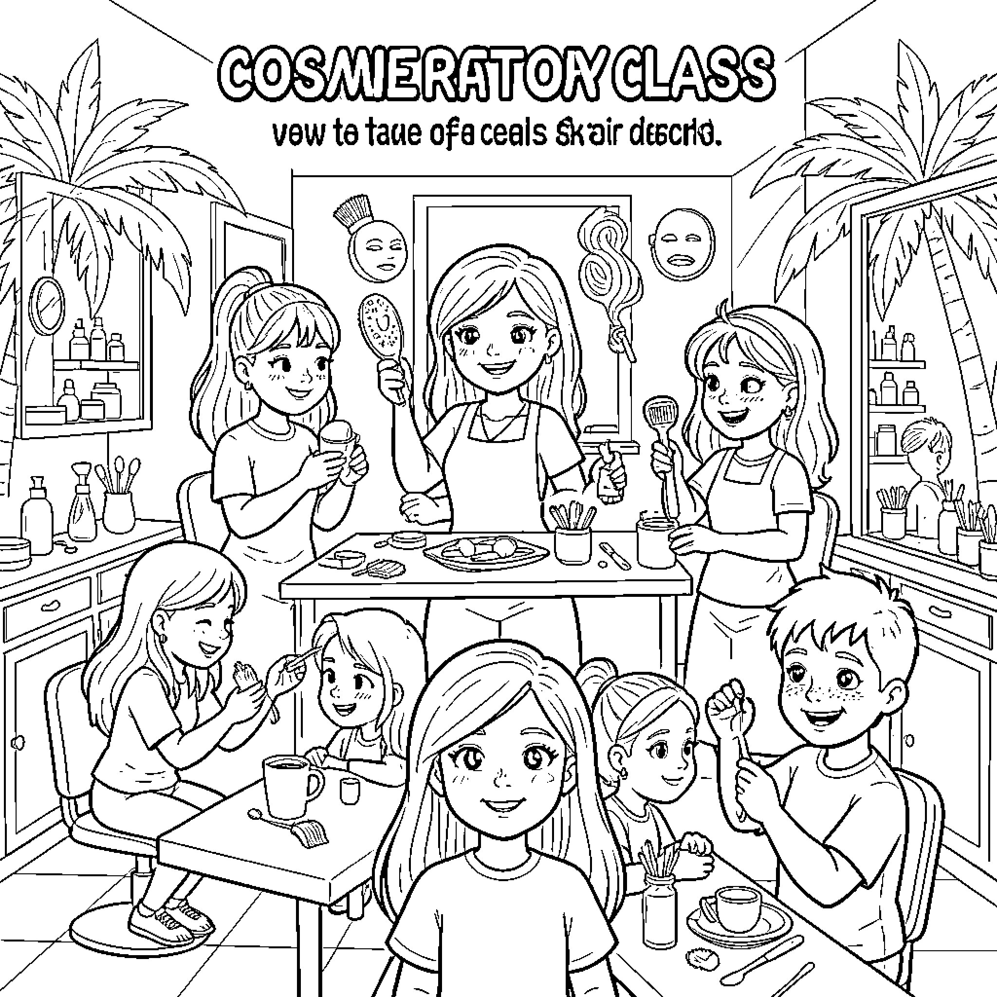 Cosmetology students practicing beauty routines in a classroom Coloring Page (free black-and-white line drawing printable PDF for all, from beginners to advanced learners, including children, teens, adults, and seniors)