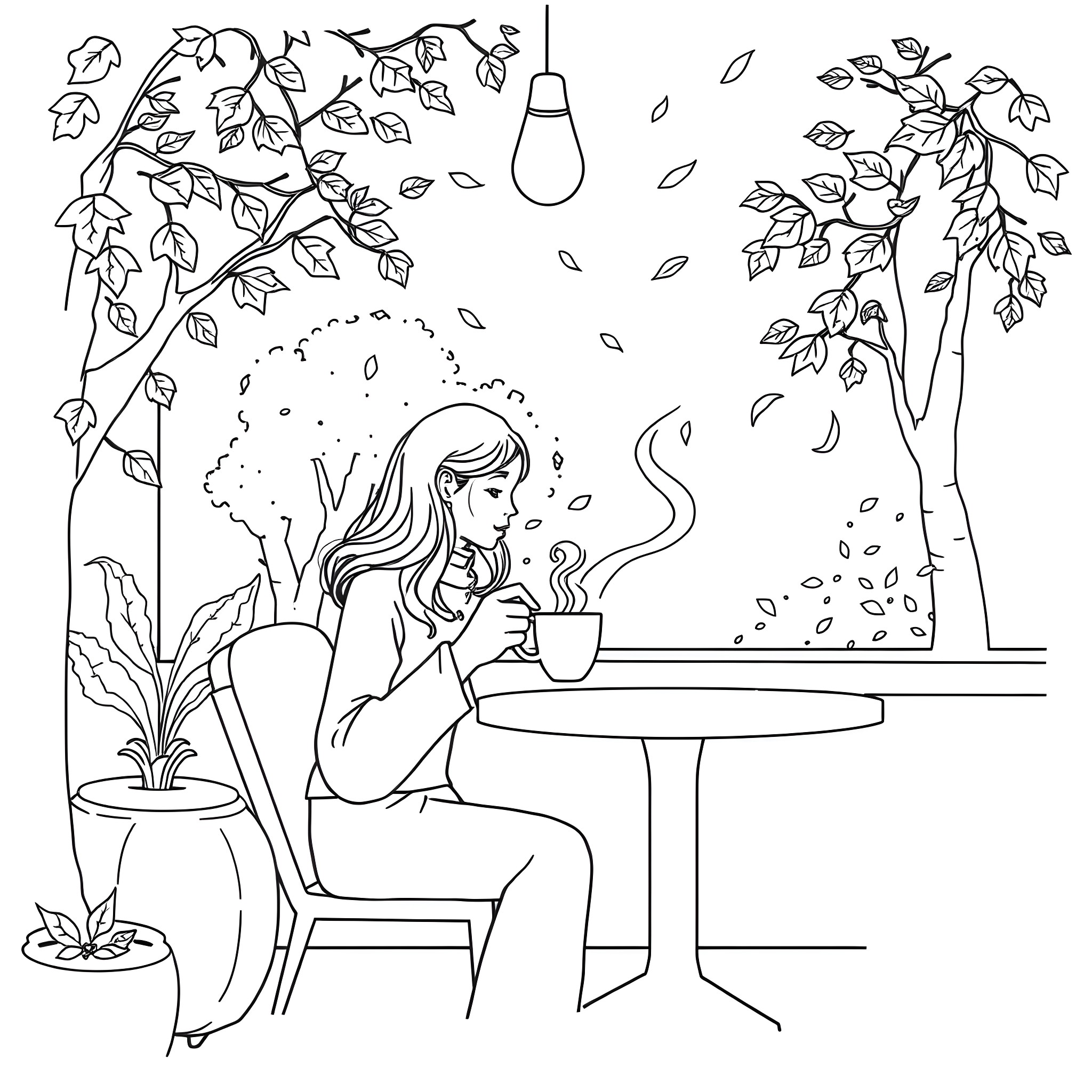 Coffee Break in Autumn's Embrace Coloring Page (free black-and-white line drawing printable PDF for all, from beginners to advanced learners, including children, teens, adults, and seniors)