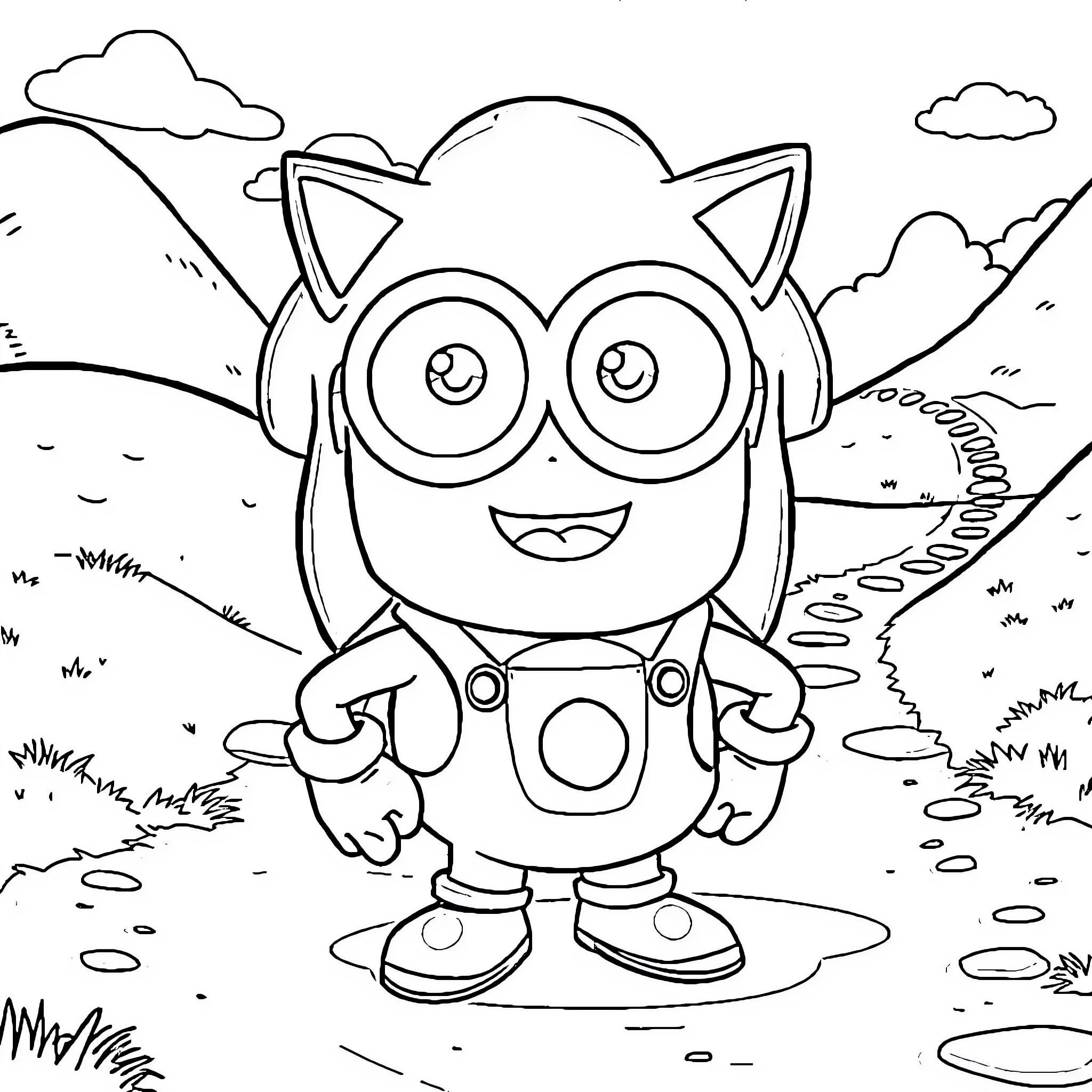 Minion smiling and posing outdoors Coloring Page (free black-and-white line drawing printable PDF for all, from beginners to advanced learners, including children, teens, adults, and seniors)