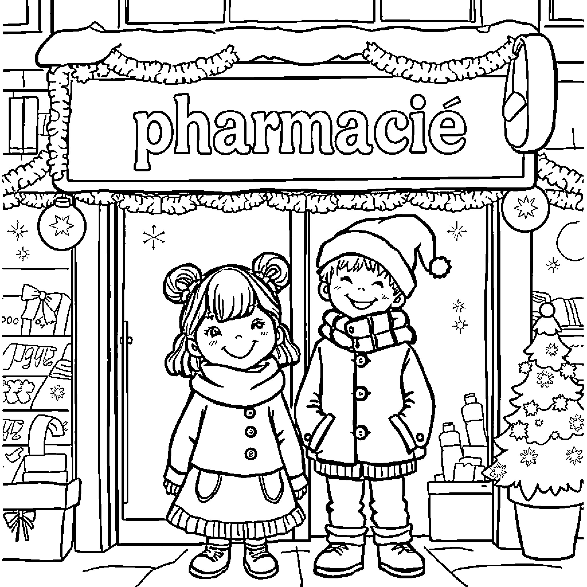 Girl and Boy at the Pharmacy in Winter Coloring Page (free black-and-white line drawing printable PDF for all, from beginners to advanced learners, including children, teens, adults, and seniors)