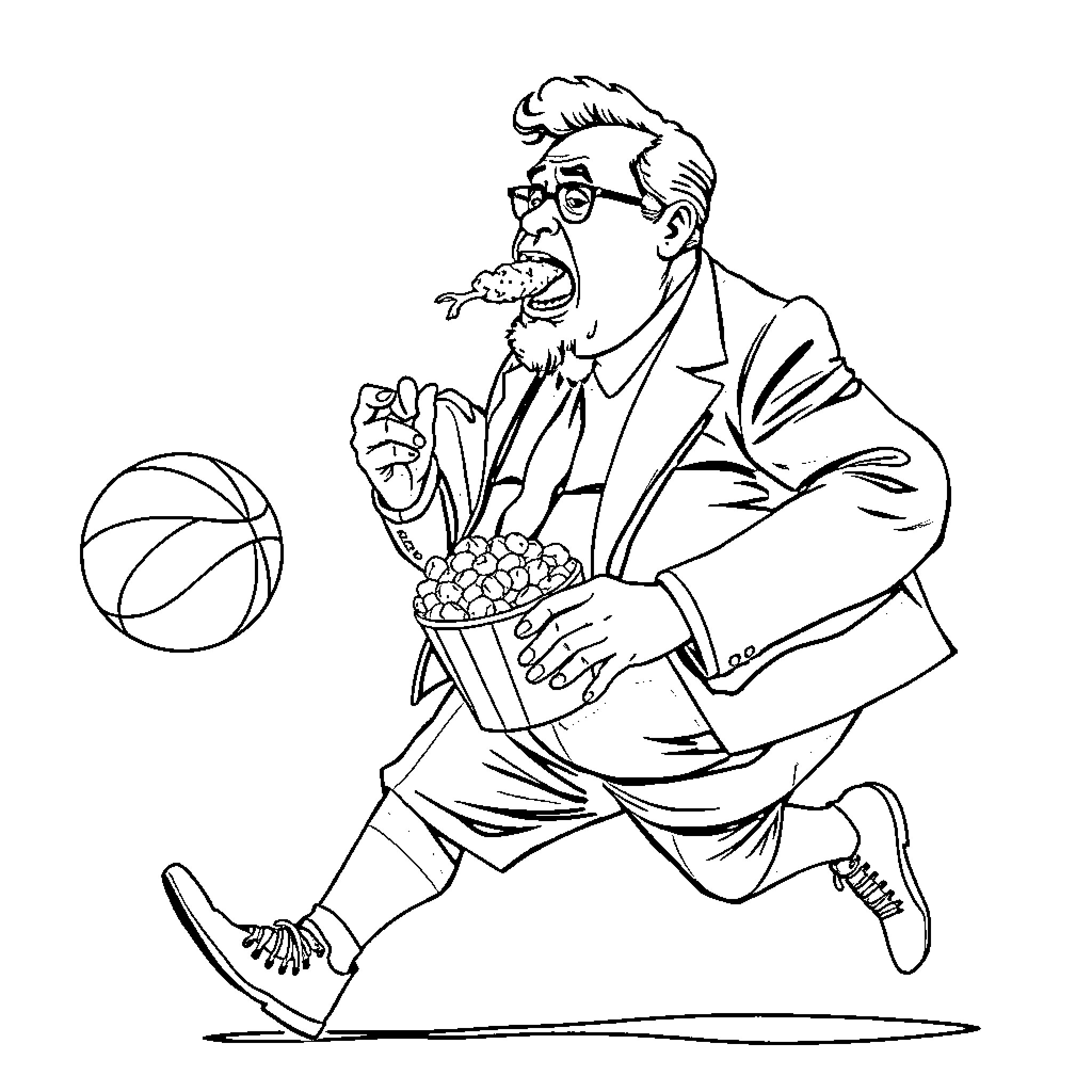 Man in formal attire playing with basketball and popcorn Coloring Page (free black-and-white line drawing printable PDF for all, from beginners to advanced learners, including children, teens, adults, and seniors)