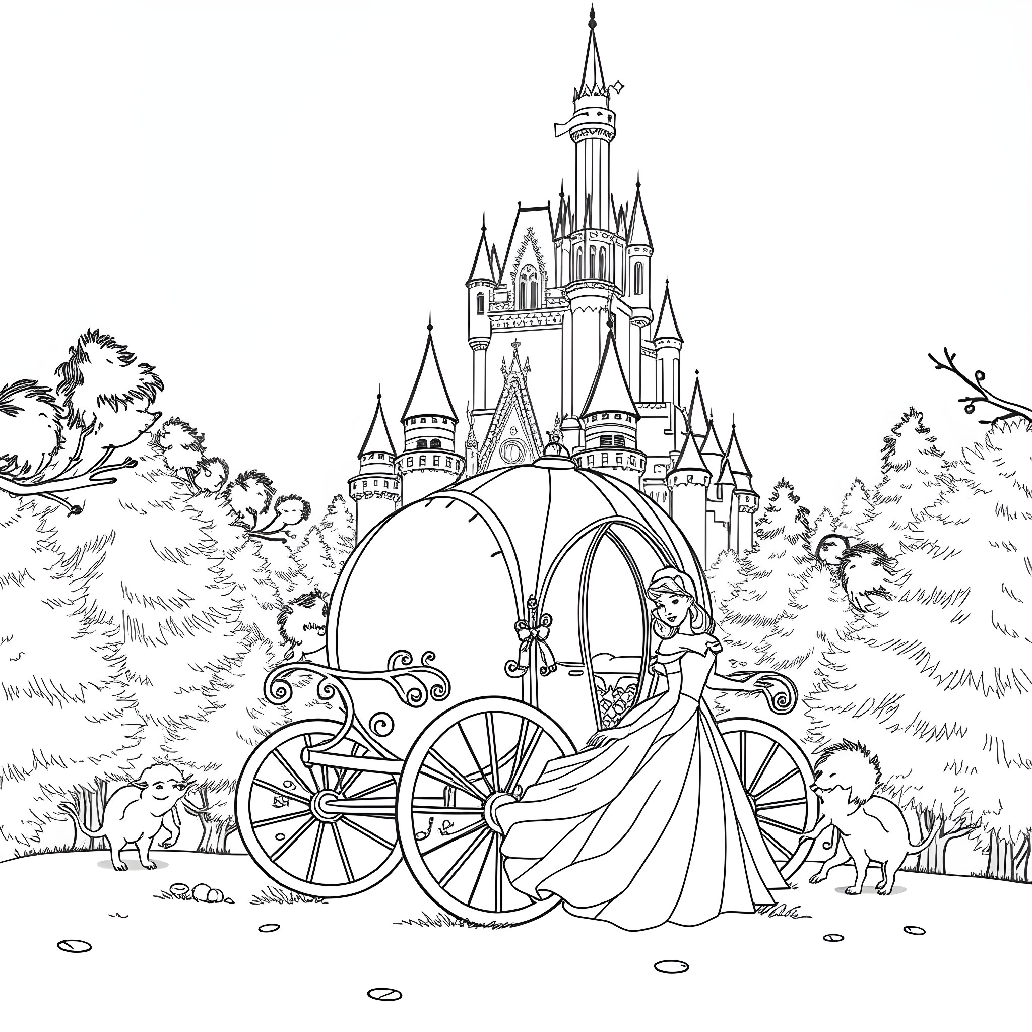 Cinderella's Fairy Tale Journey to the Castle Coloring Page (free black-and-white line drawing printable PDF for all, from beginners to advanced learners, including children, teens, adults, and seniors)