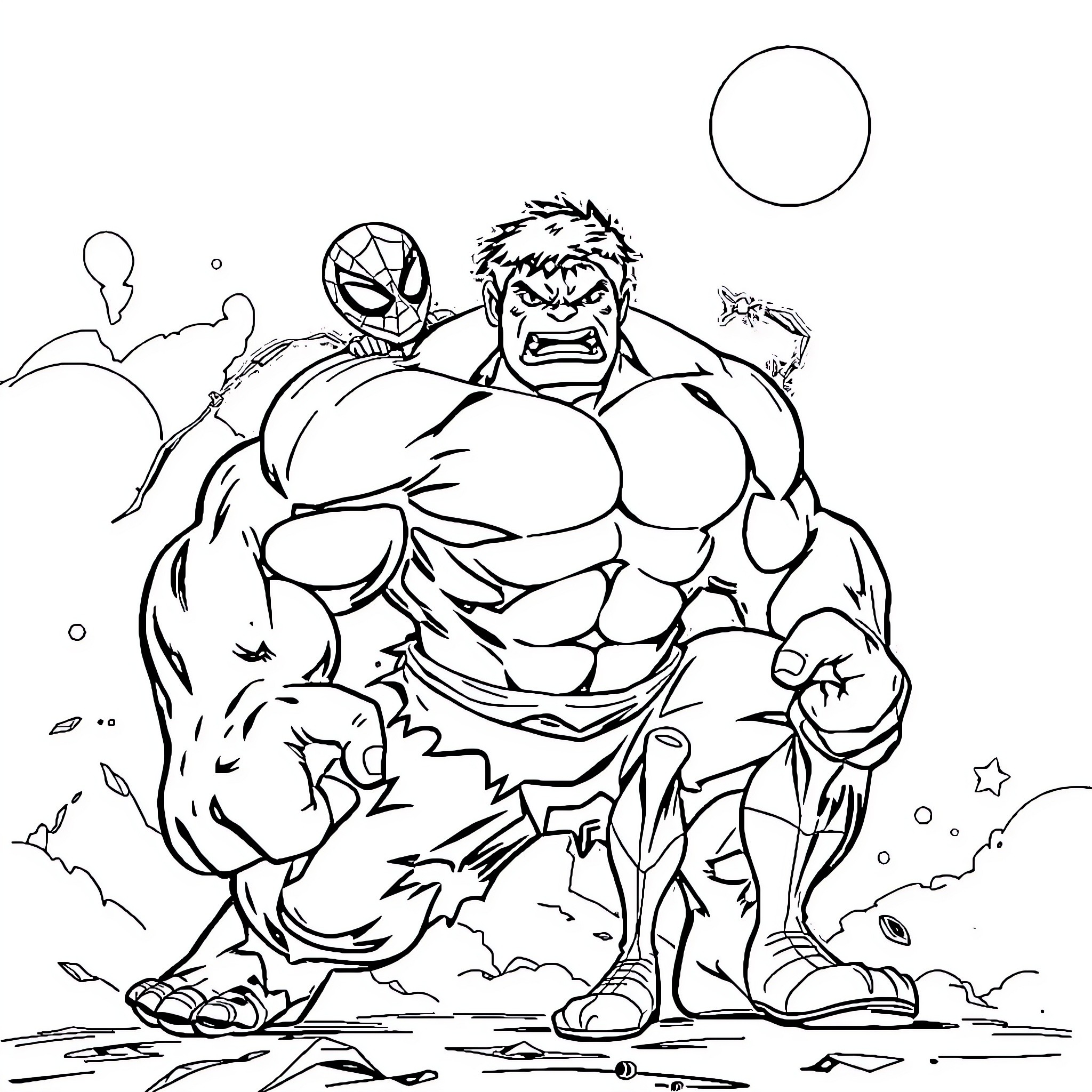 Hulk rampaging with Spider-Man in action Coloring Page (free black-and-white line drawing printable PDF for all, from beginners to advanced learners, including children, teens, adults, and seniors)