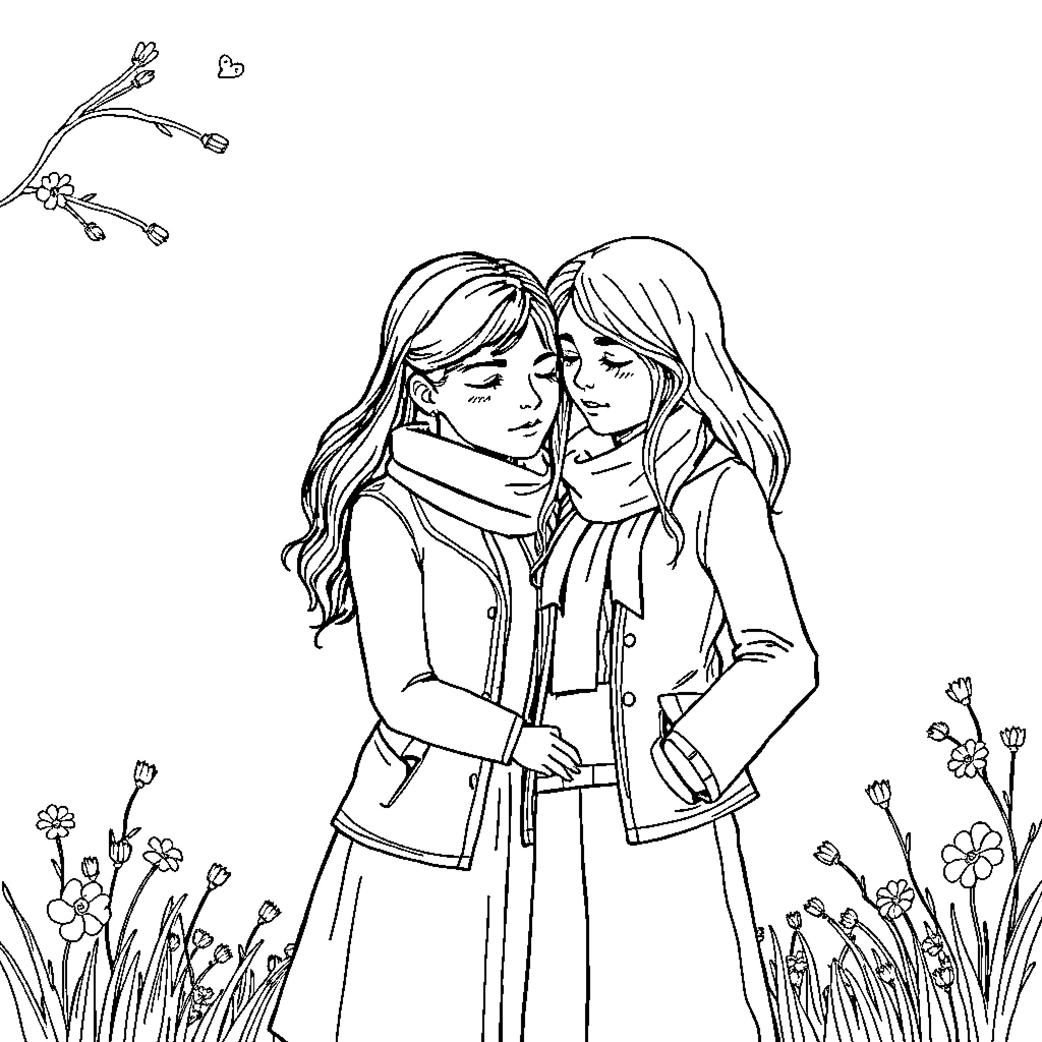 Stevie and her friend in a serene outdoor setting Coloring Page (free black-and-white line drawing printable PDF for all, from beginners to advanced learners, including children, teens, adults, and seniors)
