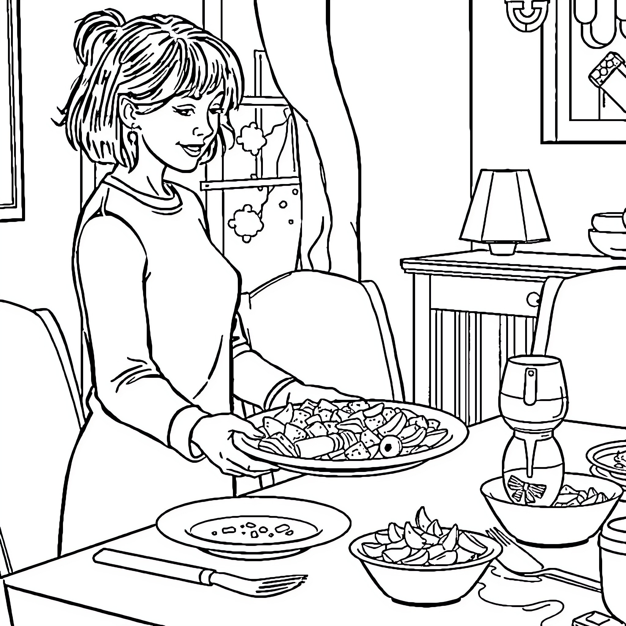 Child enjoying a meal at home Coloring Page (free black-and-white line drawing printable PDF for all, from beginners to advanced learners, including children, teens, adults, and seniors)