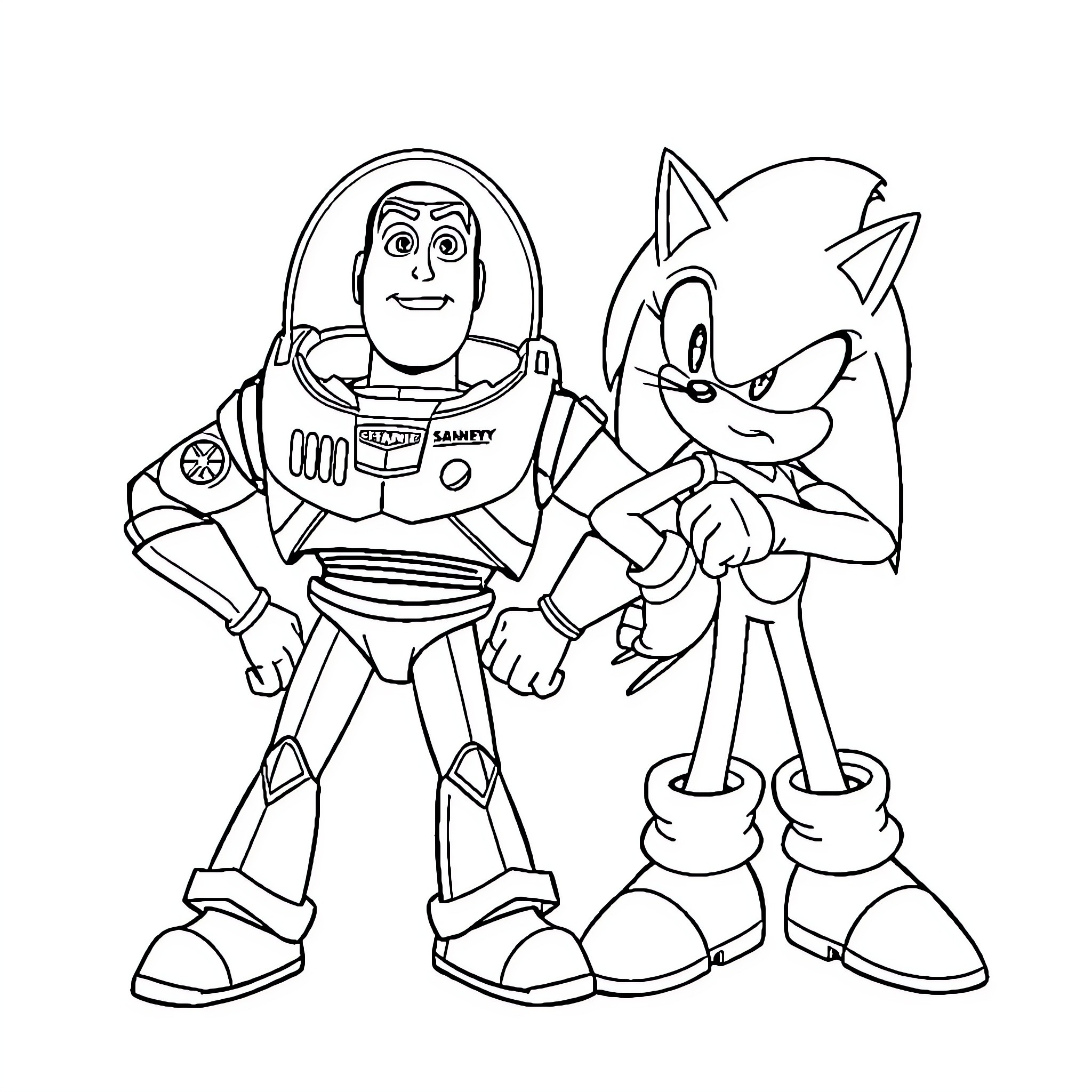 Buzz Lightyear and Sonic the Hedgehog in an animated adventure Coloring Page (free black-and-white line drawing printable PDF for all, from beginners to advanced learners, including children, teens, adults, and seniors)