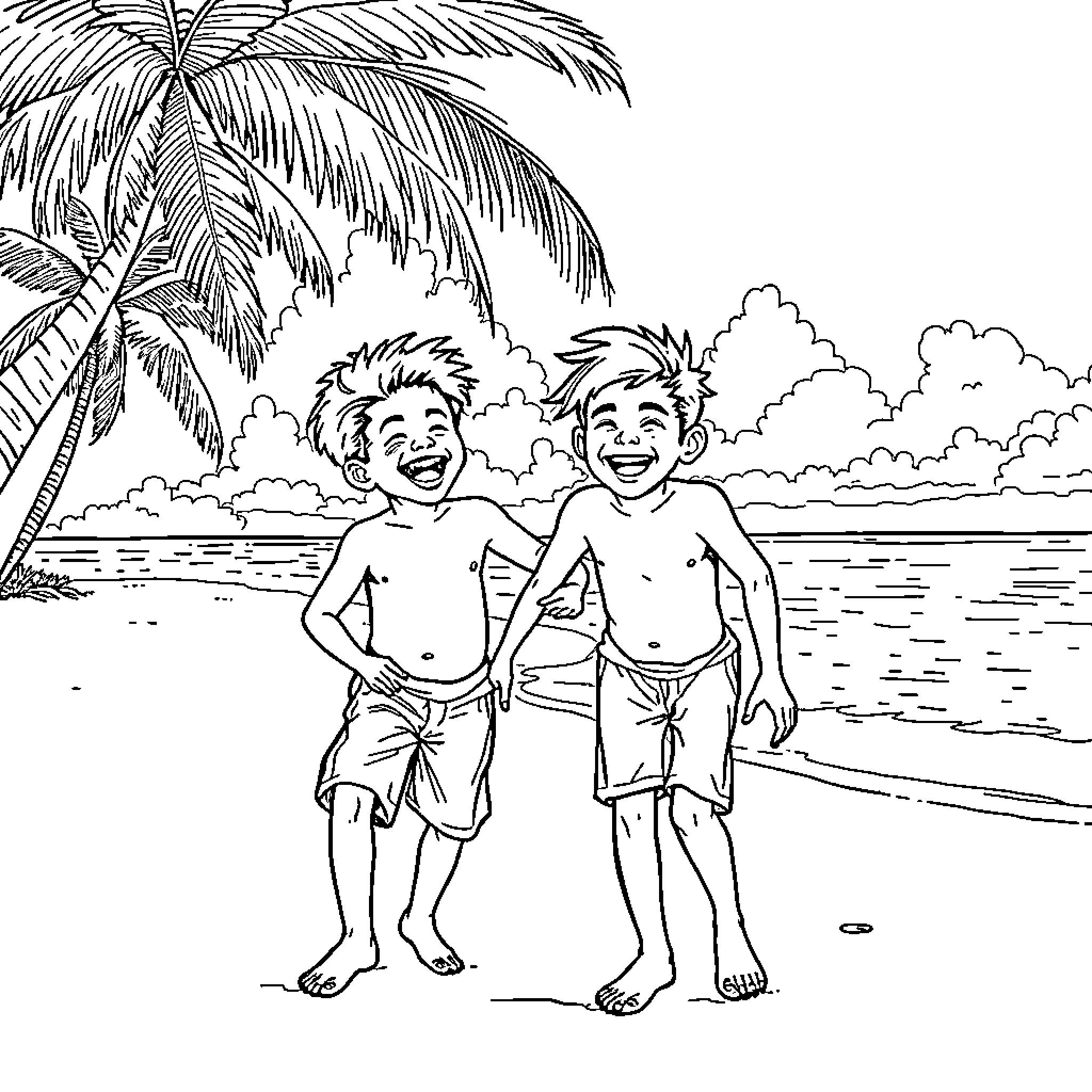 Saha Boys Enjoying Beach Day Coloring Page (free black-and-white line drawing printable PDF for all, from beginners to advanced learners, including children, teens, adults, and seniors)