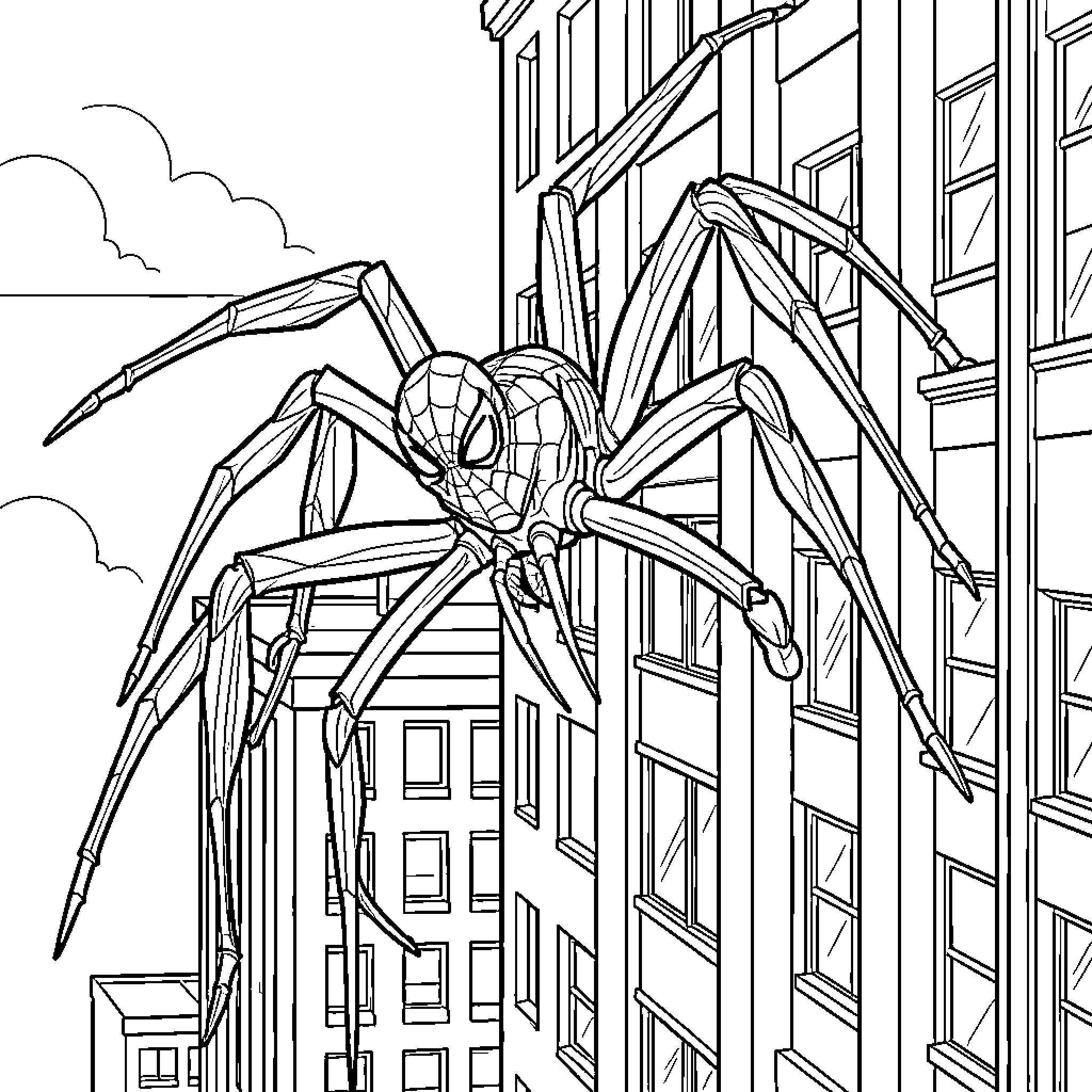 Manspider climbing up the side of a tall building Coloring Page (free black-and-white line drawing printable PDF for all, from beginners to advanced learners, including children, teens, adults, and seniors)