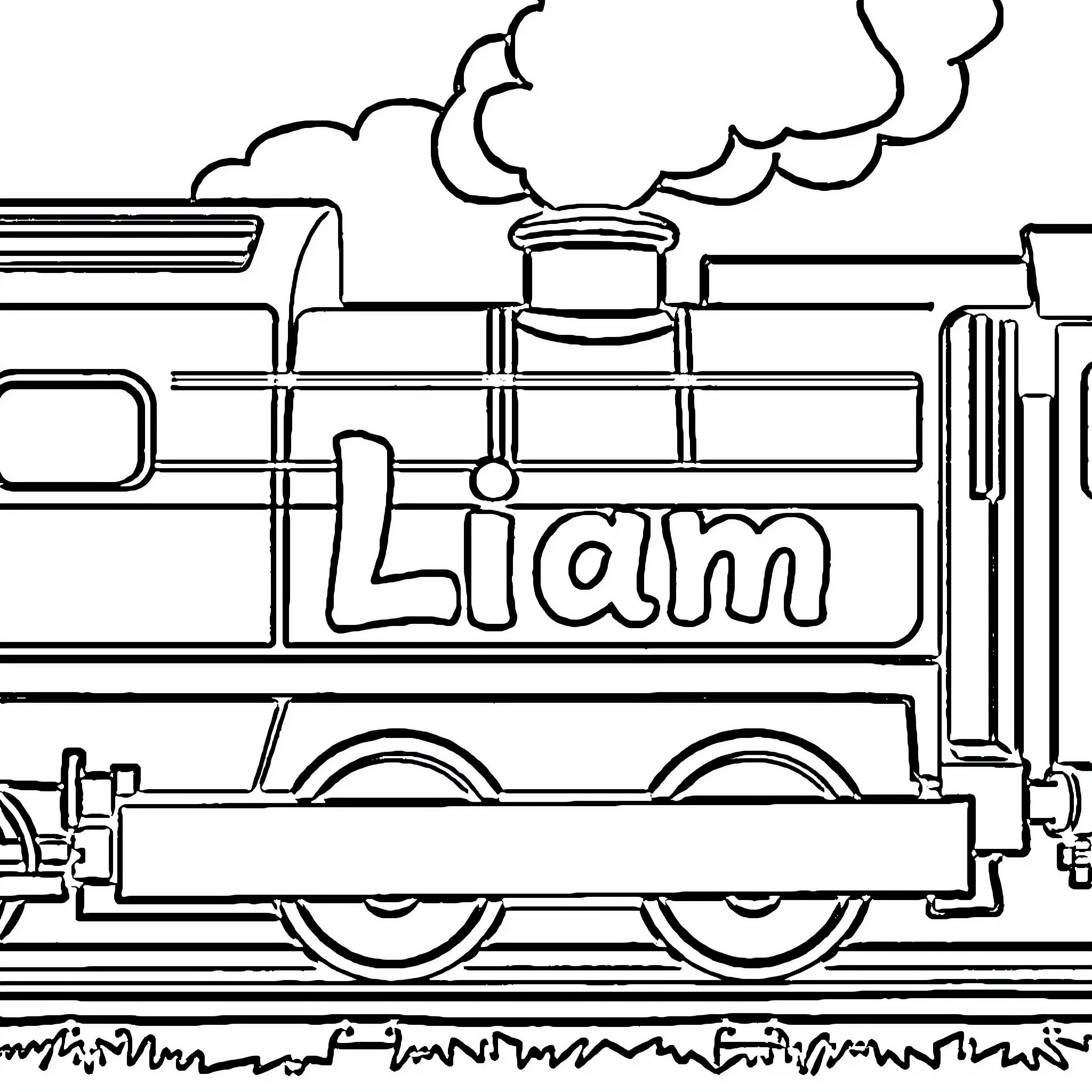 Train with steam and name 'Liam' Coloring Page (free black-and-white line drawing printable PDF for all, from beginners to advanced learners, including children, teens, adults, and seniors)