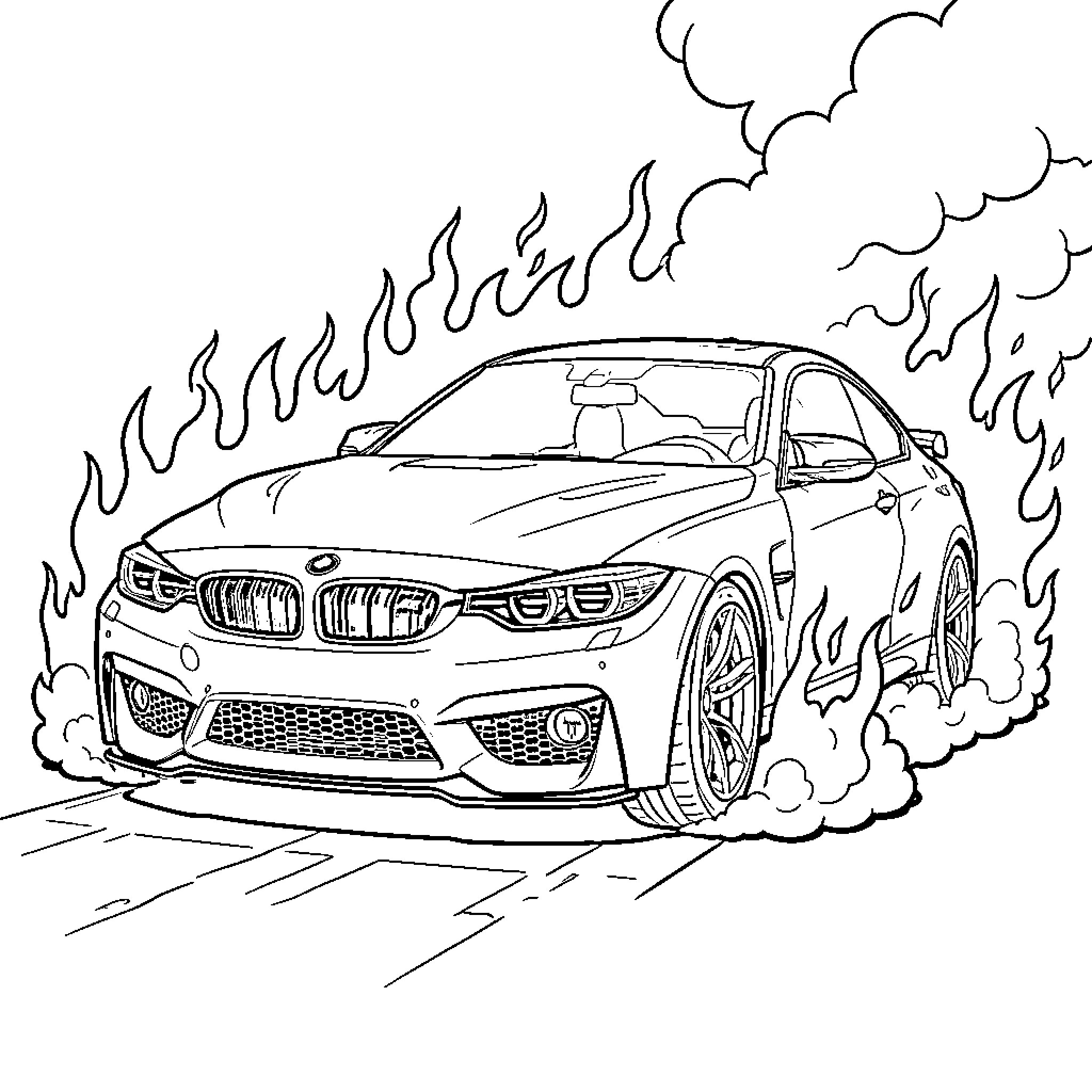 BMW M4 drifting with dramatic flames and smoke Coloring Page (free black-and-white line drawing printable PDF for all, from beginners to advanced learners, including children, teens, adults, and seniors)