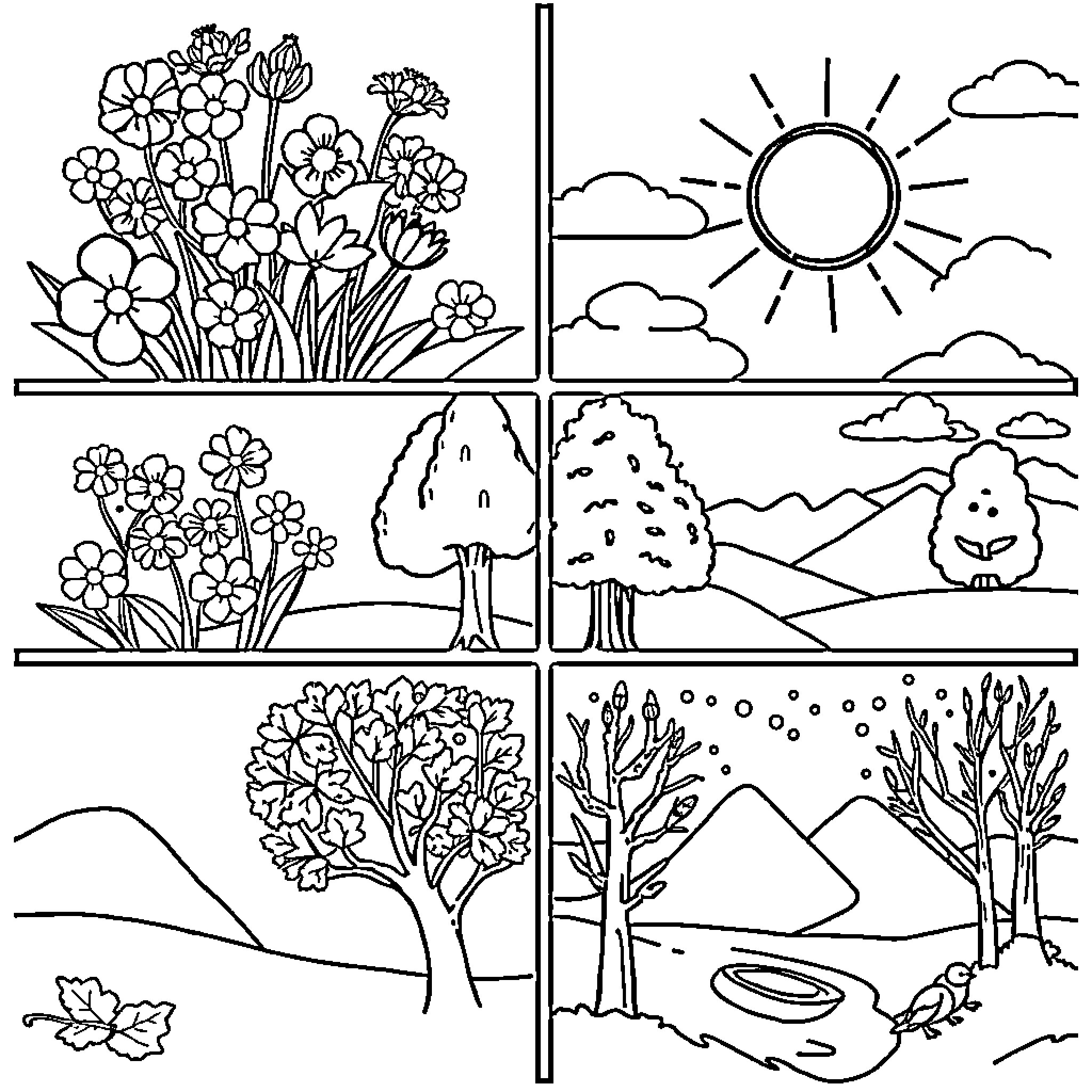 Season's Scenic Changes Through the Year Coloring Page (free black-and-white line drawing printable PDF for all, from beginners to advanced learners, including children, teens, adults, and seniors)