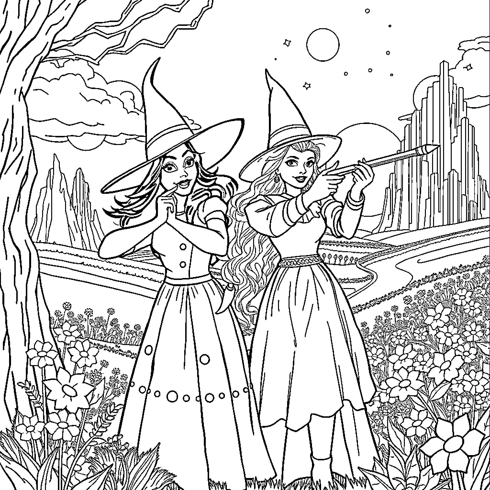 Wicked Witches Casting Spells in the Enchanted Forest Coloring Page (free black-and-white line drawing printable PDF for all, from beginners to advanced learners, including children, teens, adults, and seniors)